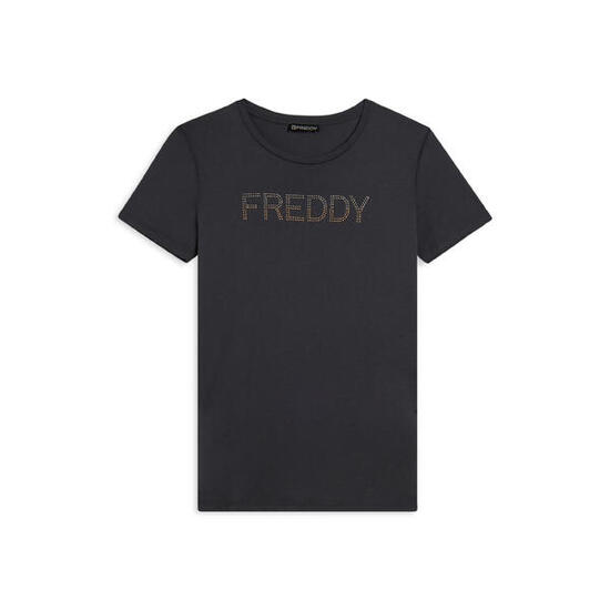T-shirt donna con logo in strass bicolori