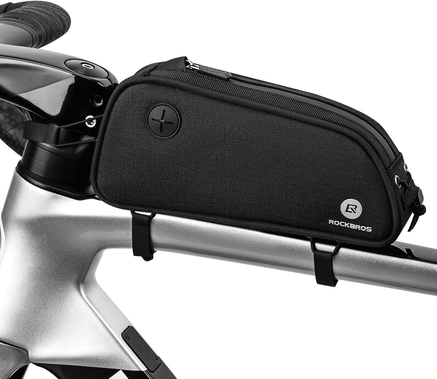 ROCKBROS Bolsa de quadro de bicicleta 1,3L, preta, com logótipo refletor