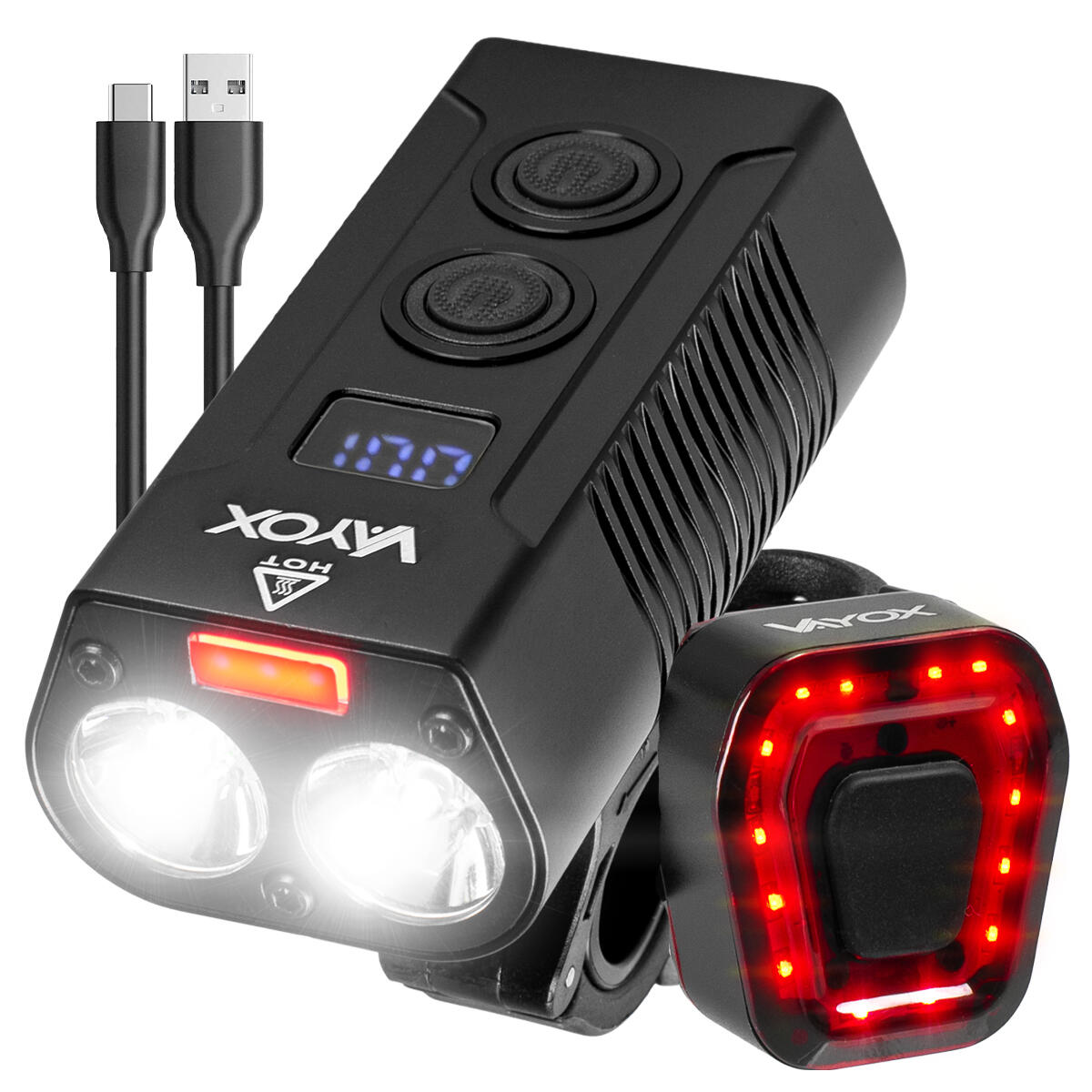 VAYOX Sada cyklistických světel VA0045 + VA0048 přední a zadní POWERBANKA