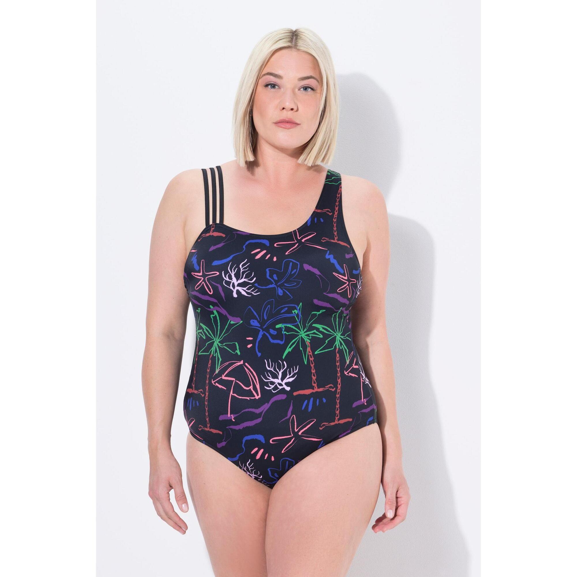 Ulla Popken - Femme Maillot De Bain Avec Bonnets Souples Imprimé Plage Matière Recyclée - Maillot De Bain 1 Pièce - Noir - 54 - Decathlon