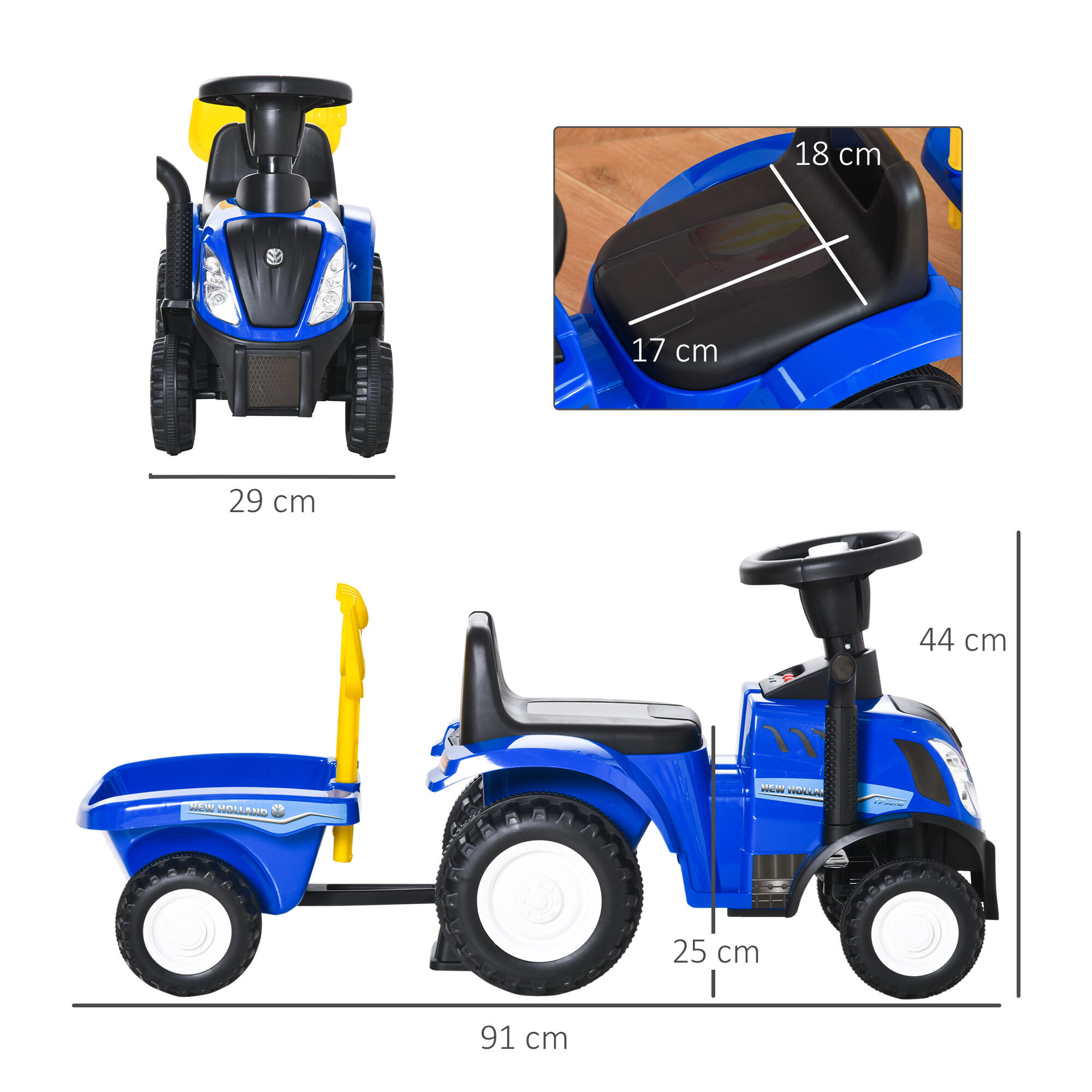 HOMCOM Trattore per Bambini Cavalcabile con Rimorchio Età 12-36 Mesi Blu 3/7