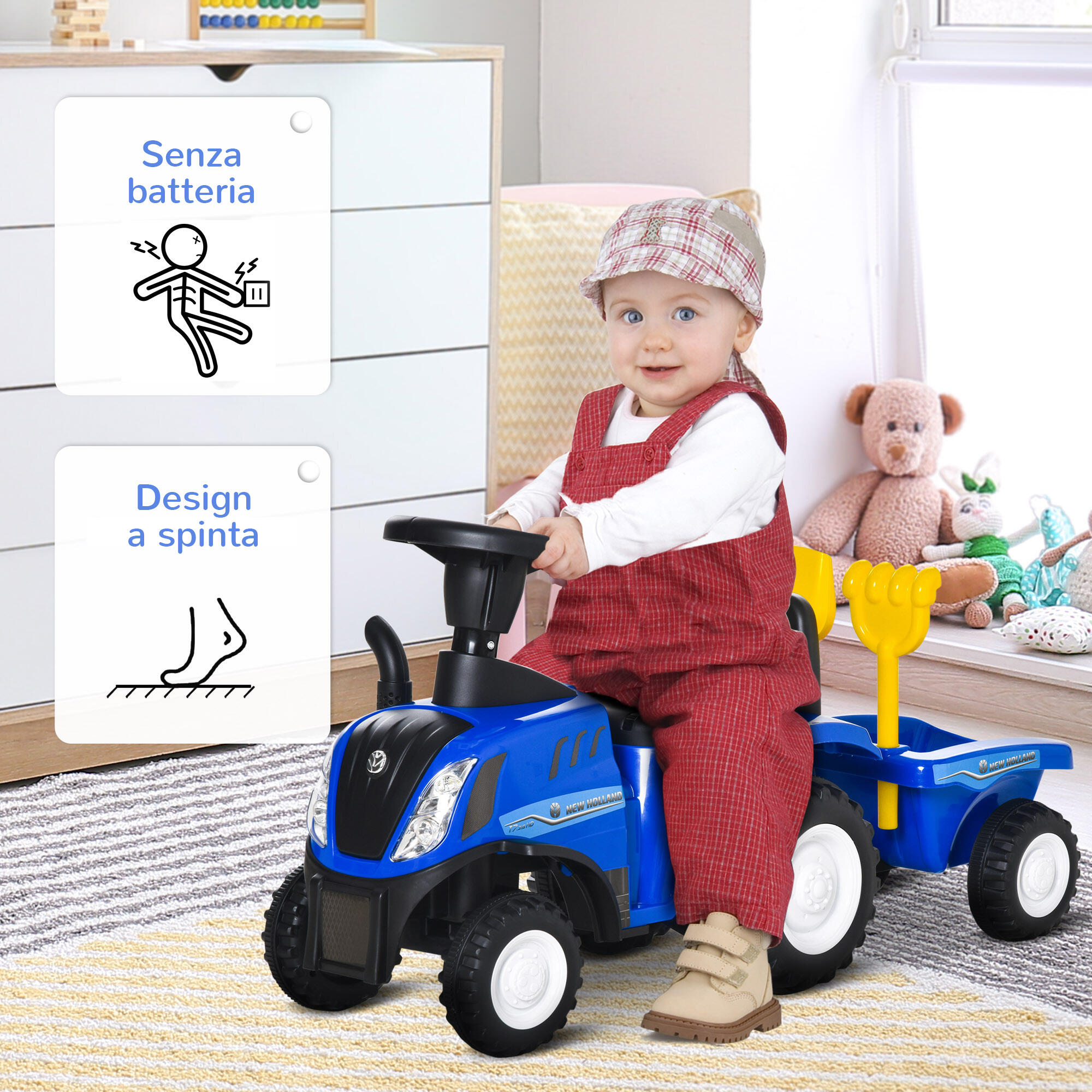 HOMCOM Trattore per Bambini Cavalcabile con Rimorchio Età 12-36 Mesi Blu 6/7