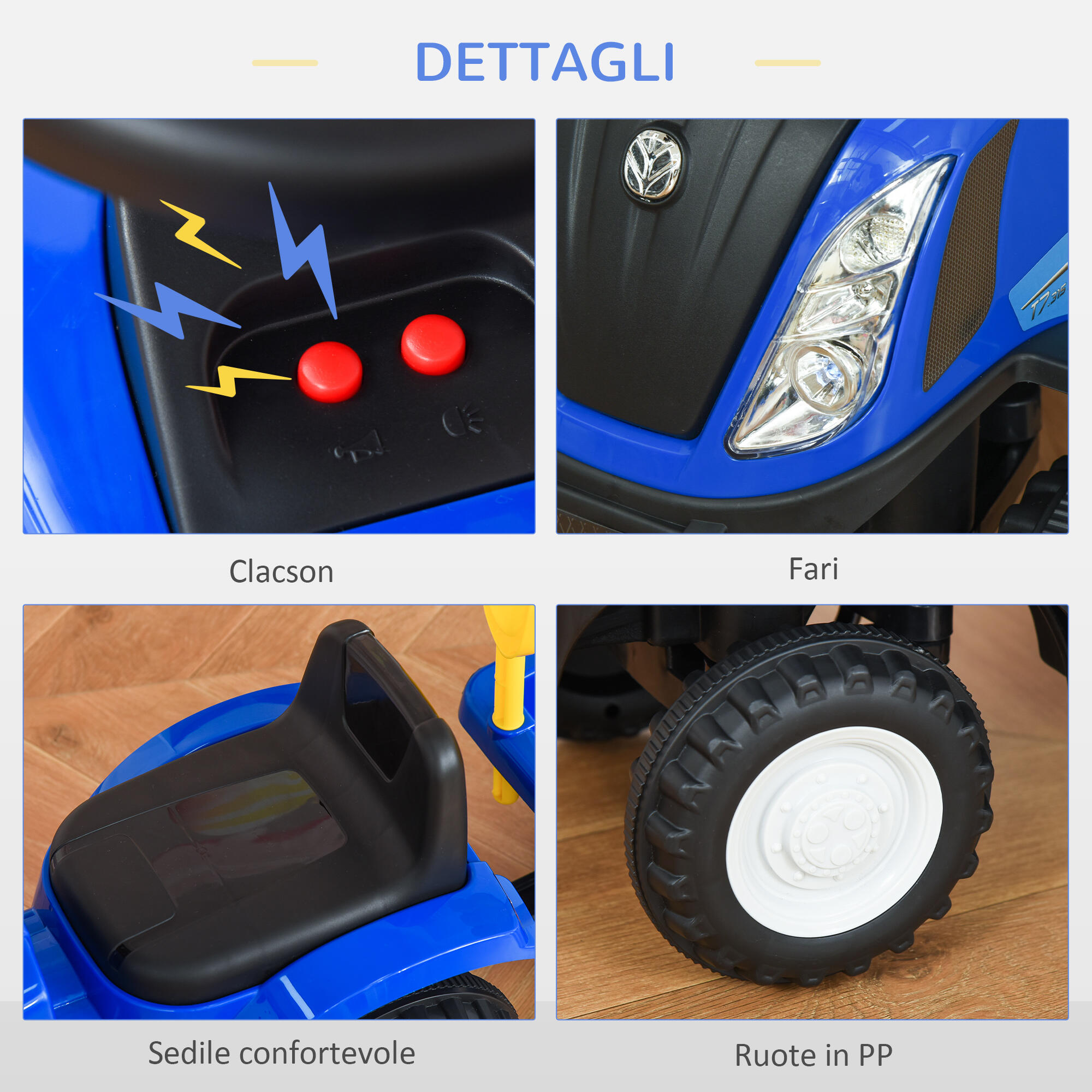 HOMCOM Trattore per Bambini Cavalcabile con Rimorchio Età 12-36 Mesi Blu 7/7