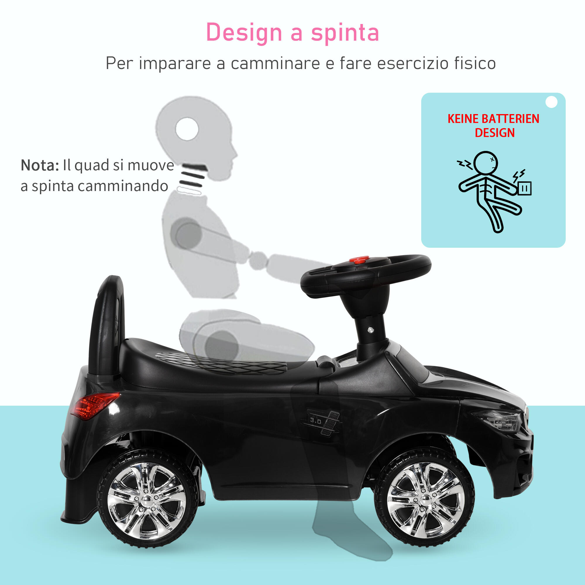 HOMCOM Macchinina per Bambini Cavalcabile con Volante Fari e Musiche Nero 6/7