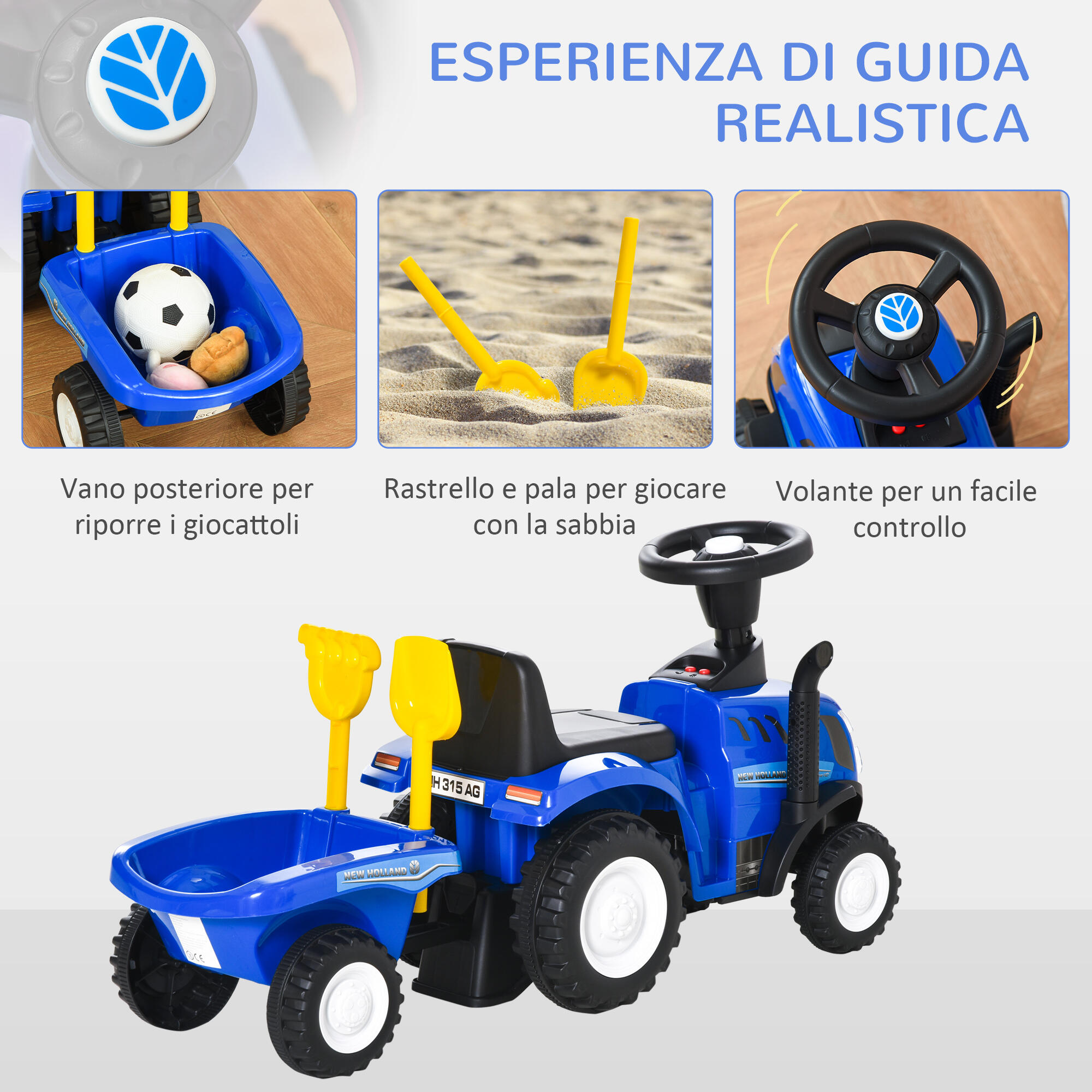 HOMCOM Trattore per Bambini Cavalcabile con Rimorchio Età 12-36 Mesi Blu 5/7