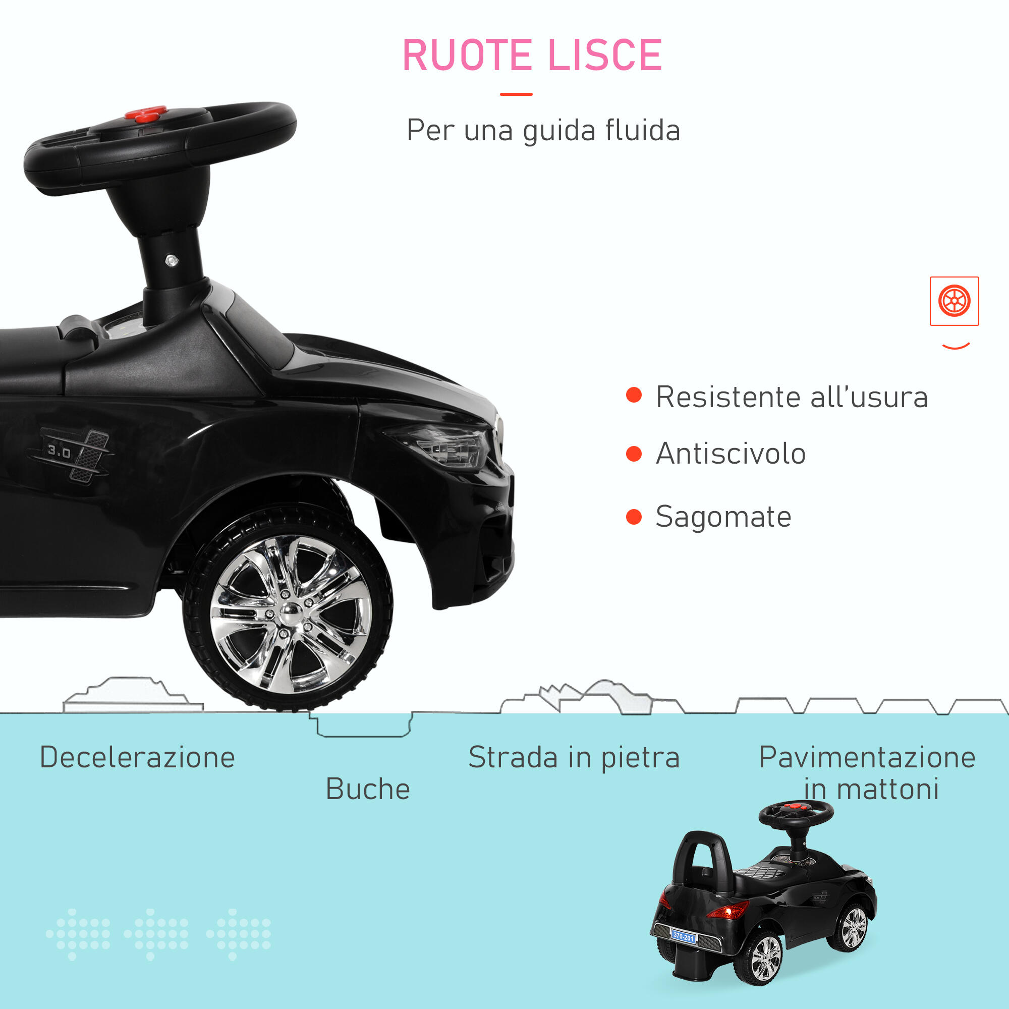 HOMCOM Macchinina per Bambini Cavalcabile con Volante Fari e Musiche Nero 5/7