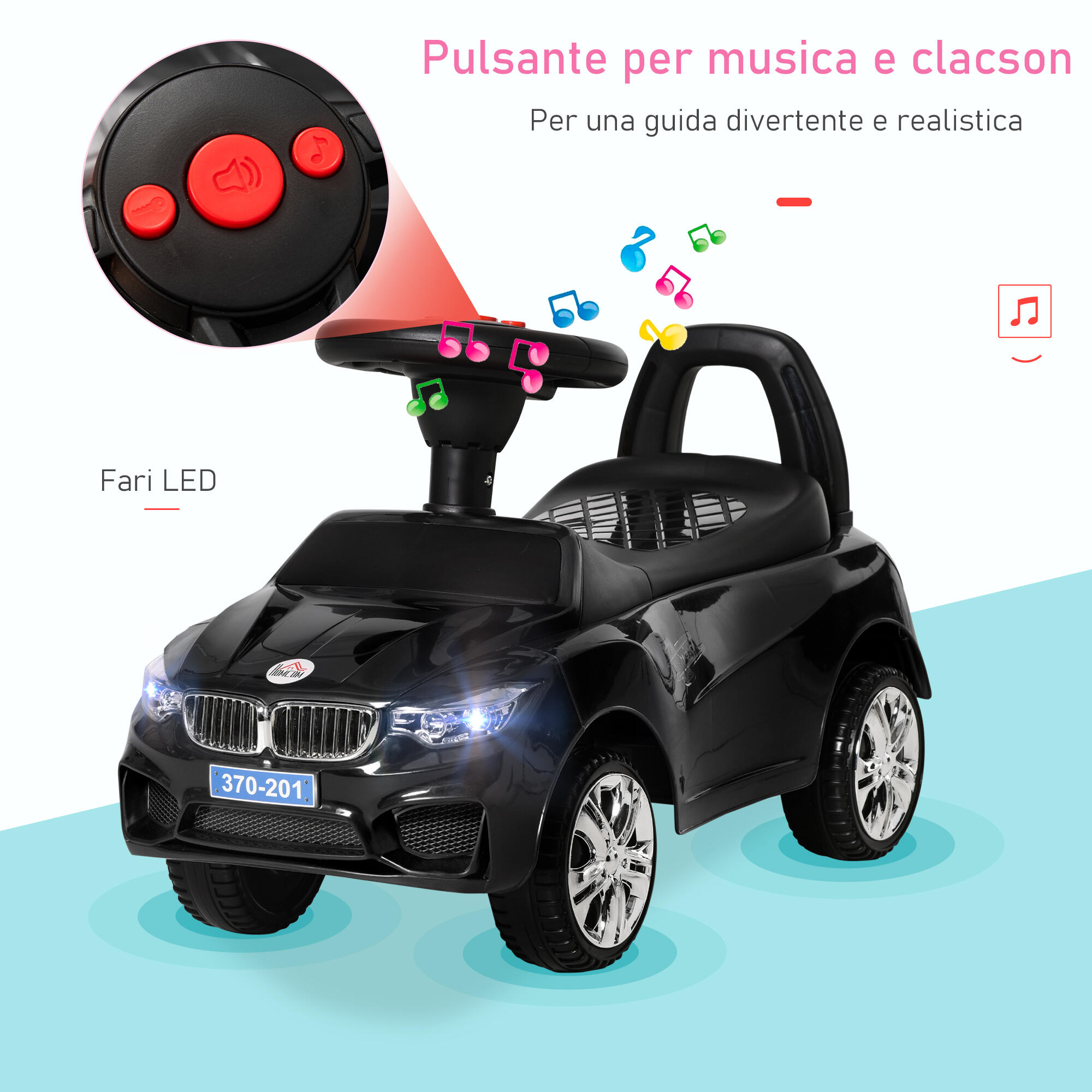 HOMCOM Macchinina per Bambini Cavalcabile con Volante Fari e Musiche Nero 4/7