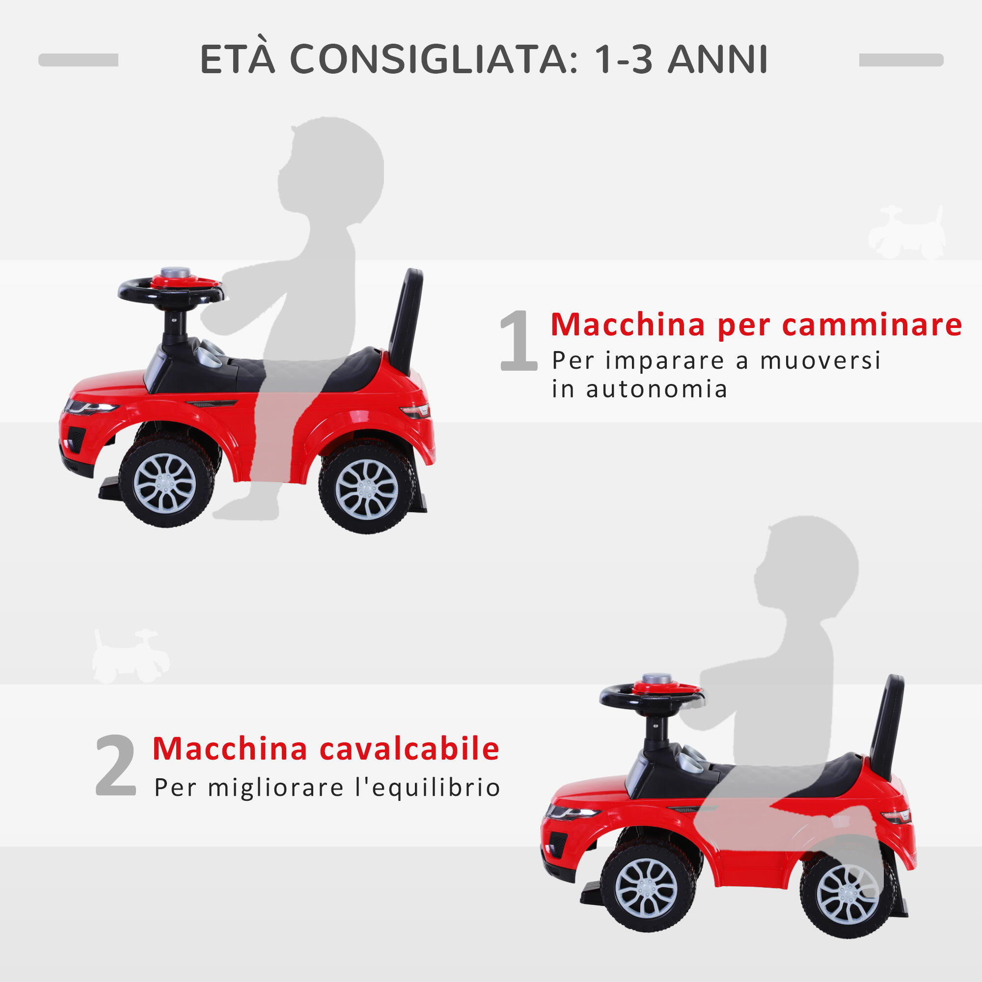 HOMCOM Macchina Cavalcabile Giocattolo per Bambini 12-36 Mesi Rossa 4/7