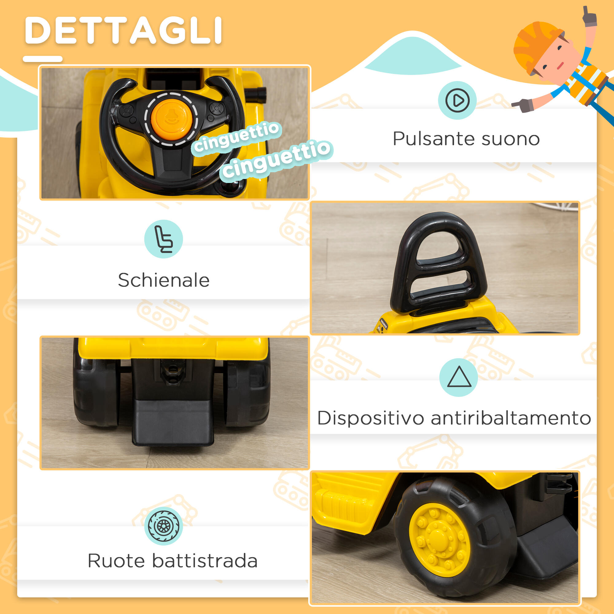 HOMCOM Trattore Cavalcabile per Bambini 3-4 Anni con Muletto in PP e ABS 6/7