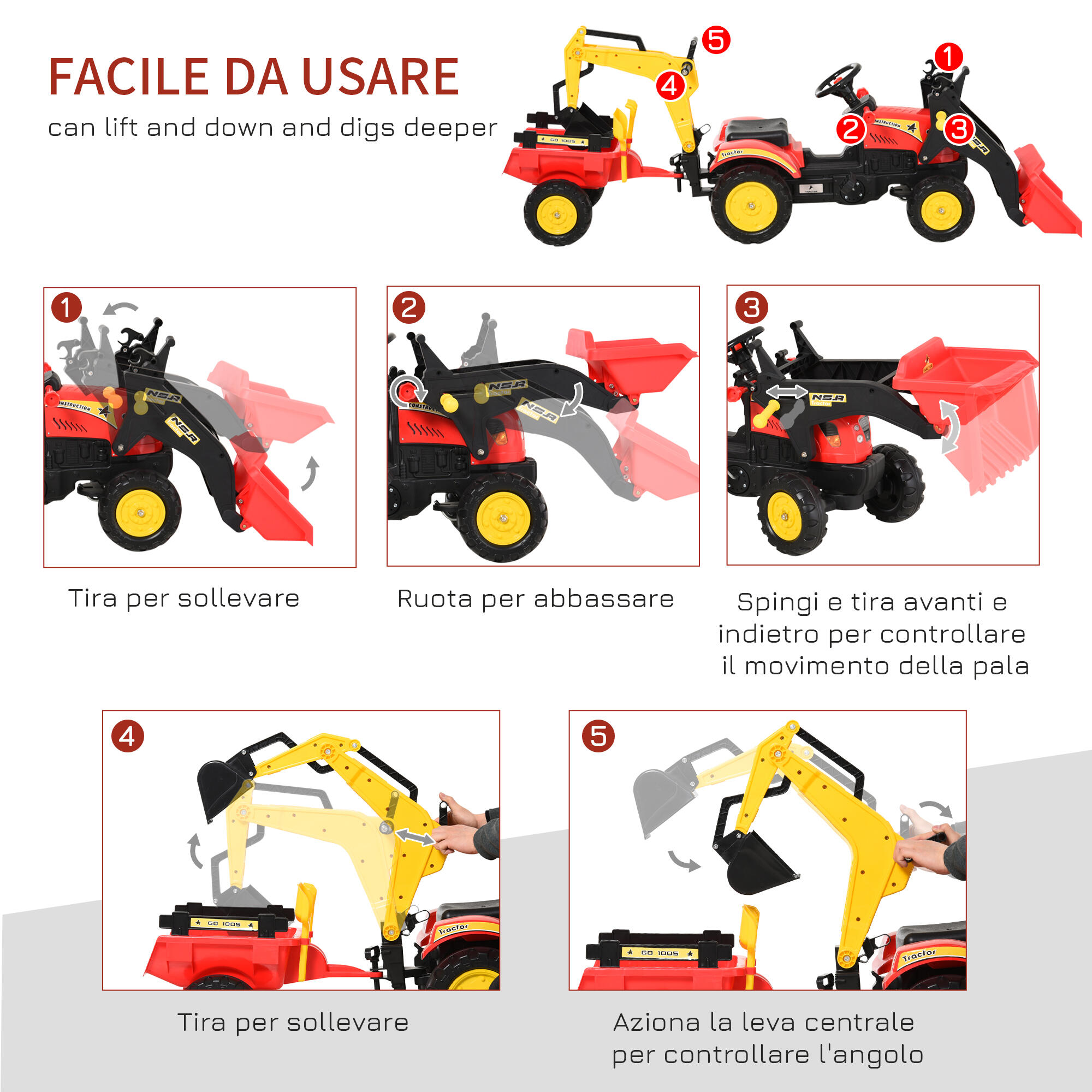 HOMCOM Ruspa Giocattolo a Pedali Escavatore per Bambini con Pale e Volante 6/8