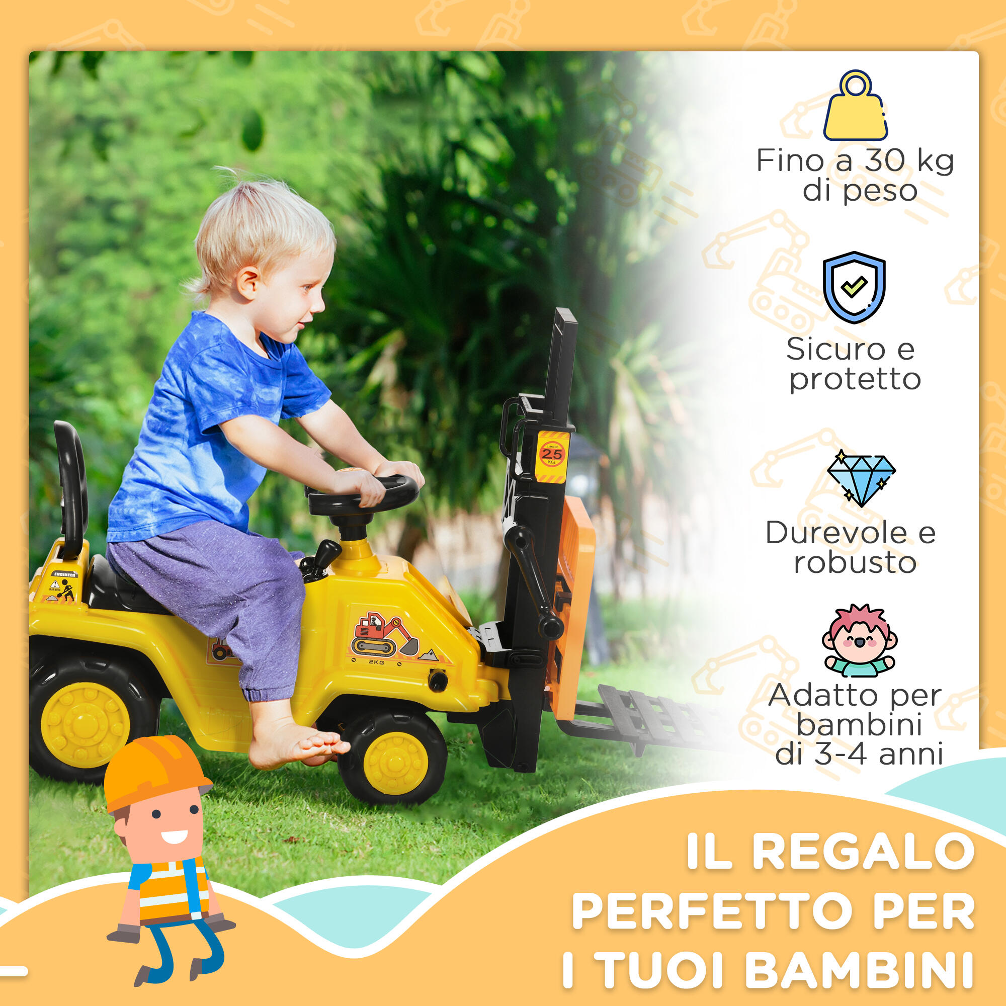 HOMCOM Trattore Cavalcabile per Bambini 3-4 Anni con Muletto in PP e ABS 7/7