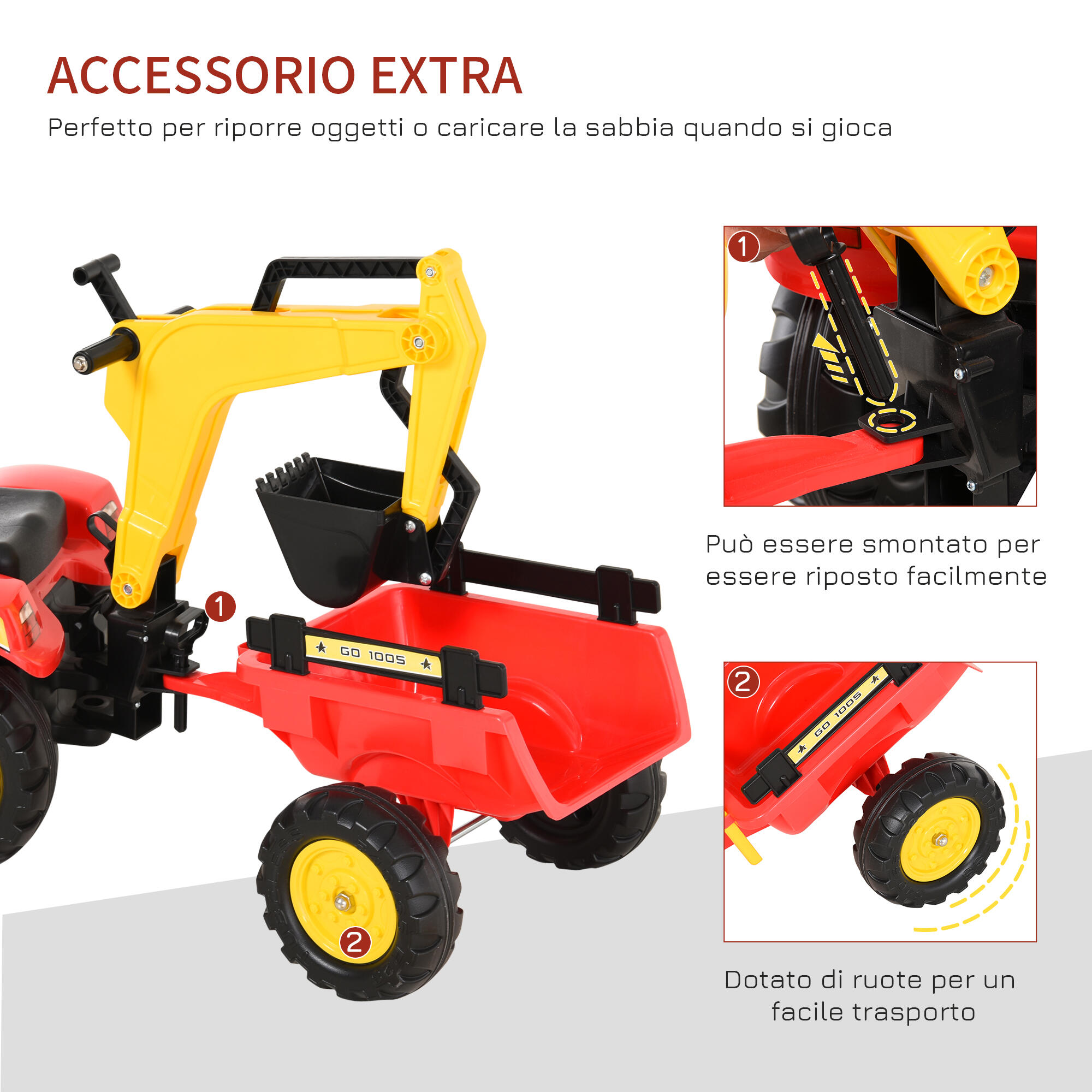 HOMCOM Ruspa Giocattolo a Pedali Escavatore per Bambini con Pale e Volante 7/8