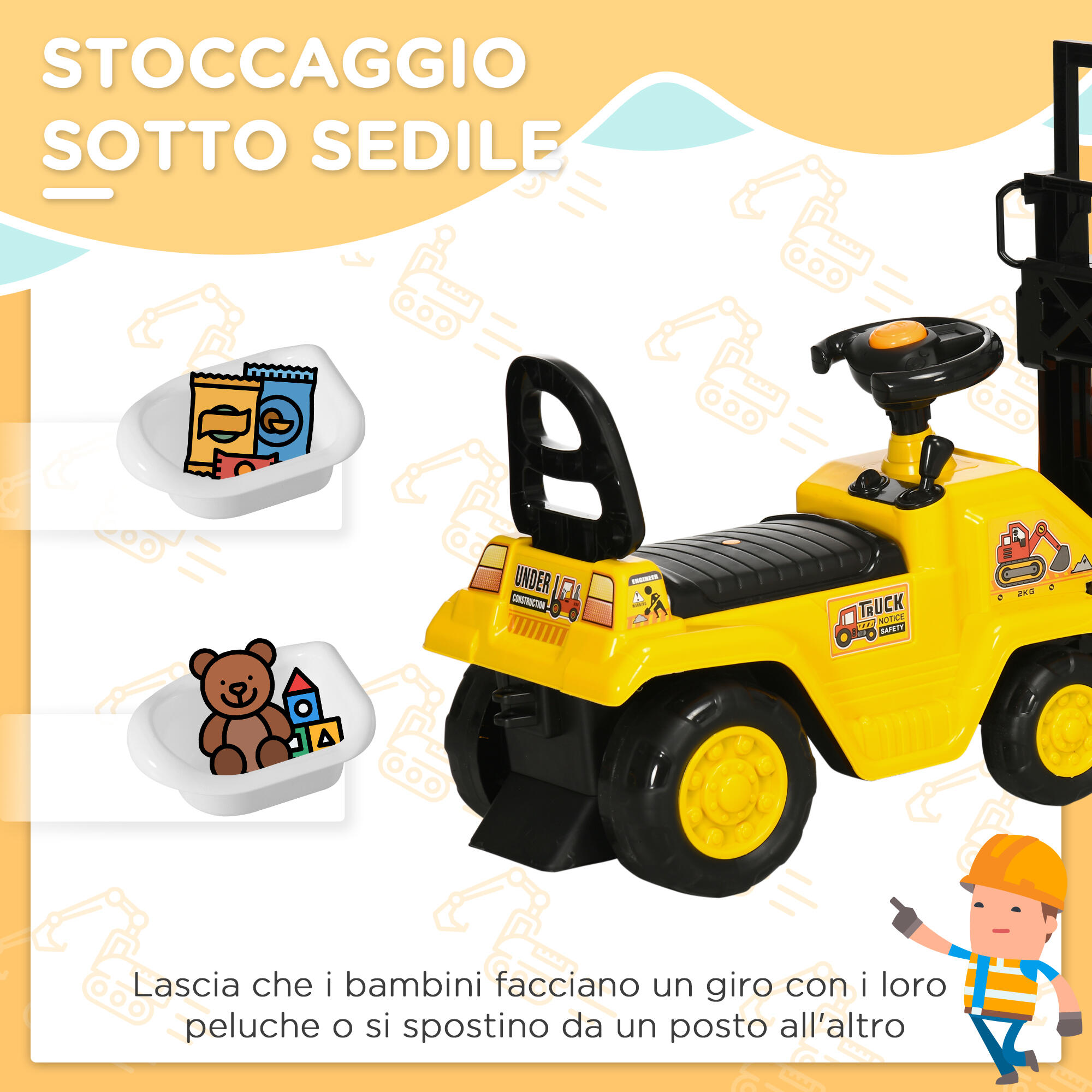 HOMCOM Trattore Cavalcabile per Bambini 3-4 Anni con Muletto in PP e ABS 5/7