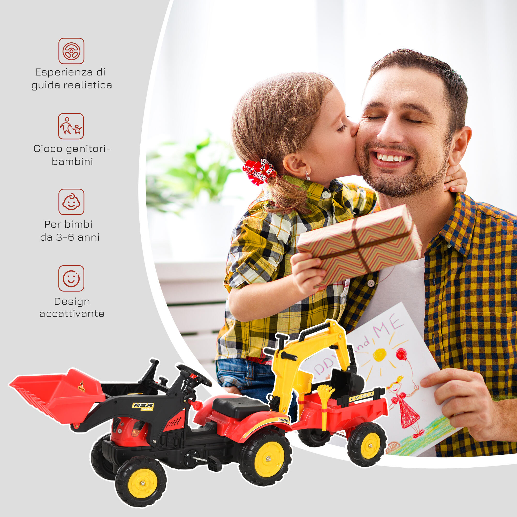 HOMCOM Ruspa Giocattolo a Pedali Escavatore per Bambini con Pale e Volante 5/8