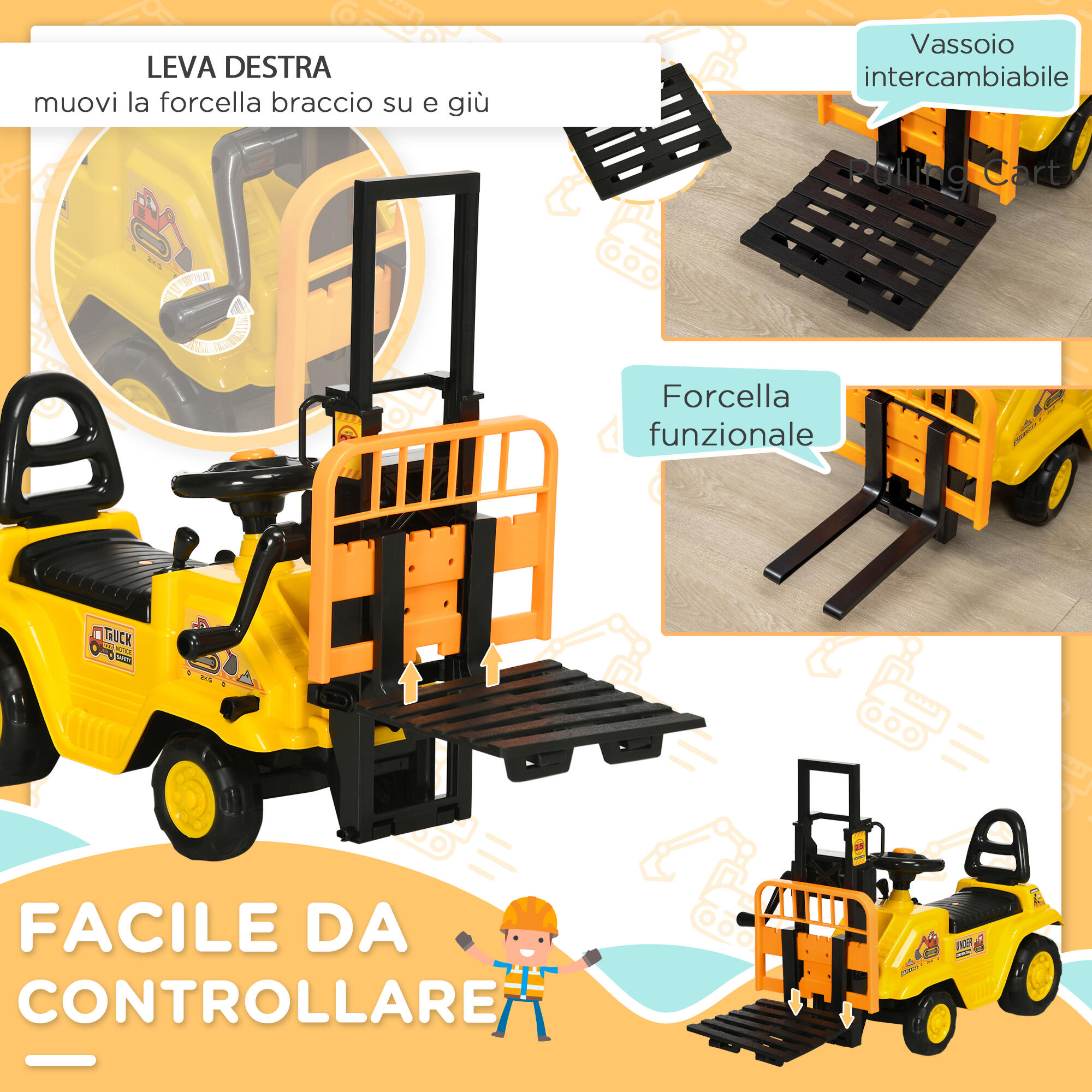 HOMCOM Trattore Cavalcabile per Bambini 3-4 Anni con Muletto in PP e ABS 4/7