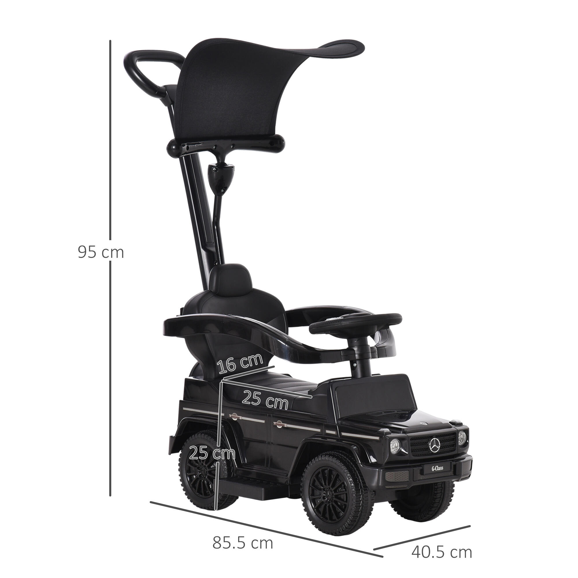 HOMCOM Macchina a Spinta per Bambini con Maniglia e Tettuccio Nero 3/8