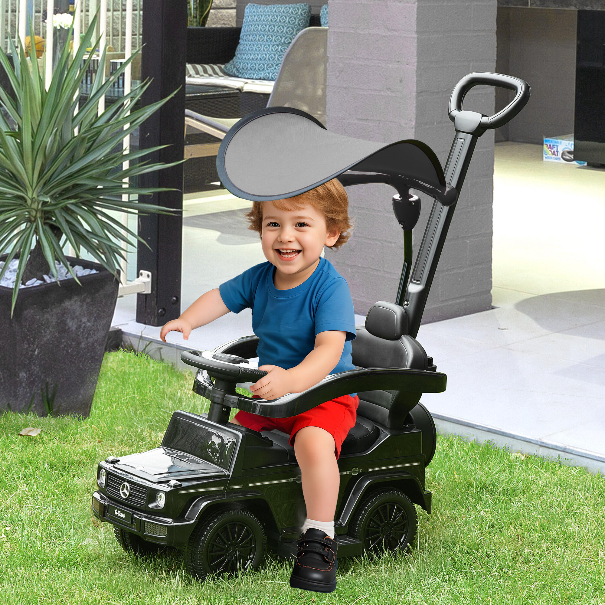 HOMCOM Macchina a Spinta per Bambini con Maniglia e Tettuccio Nero 2/8