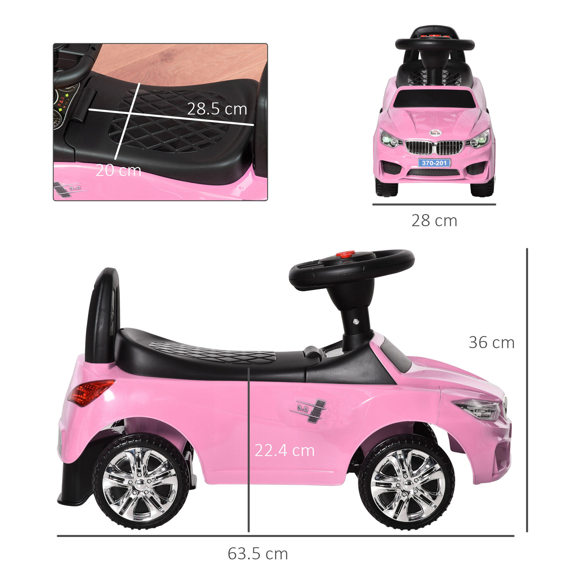 HOMCOM Macchinina per Bambini Cavalcabile Volante Fari e Musiche Integrate Rosa 3/7