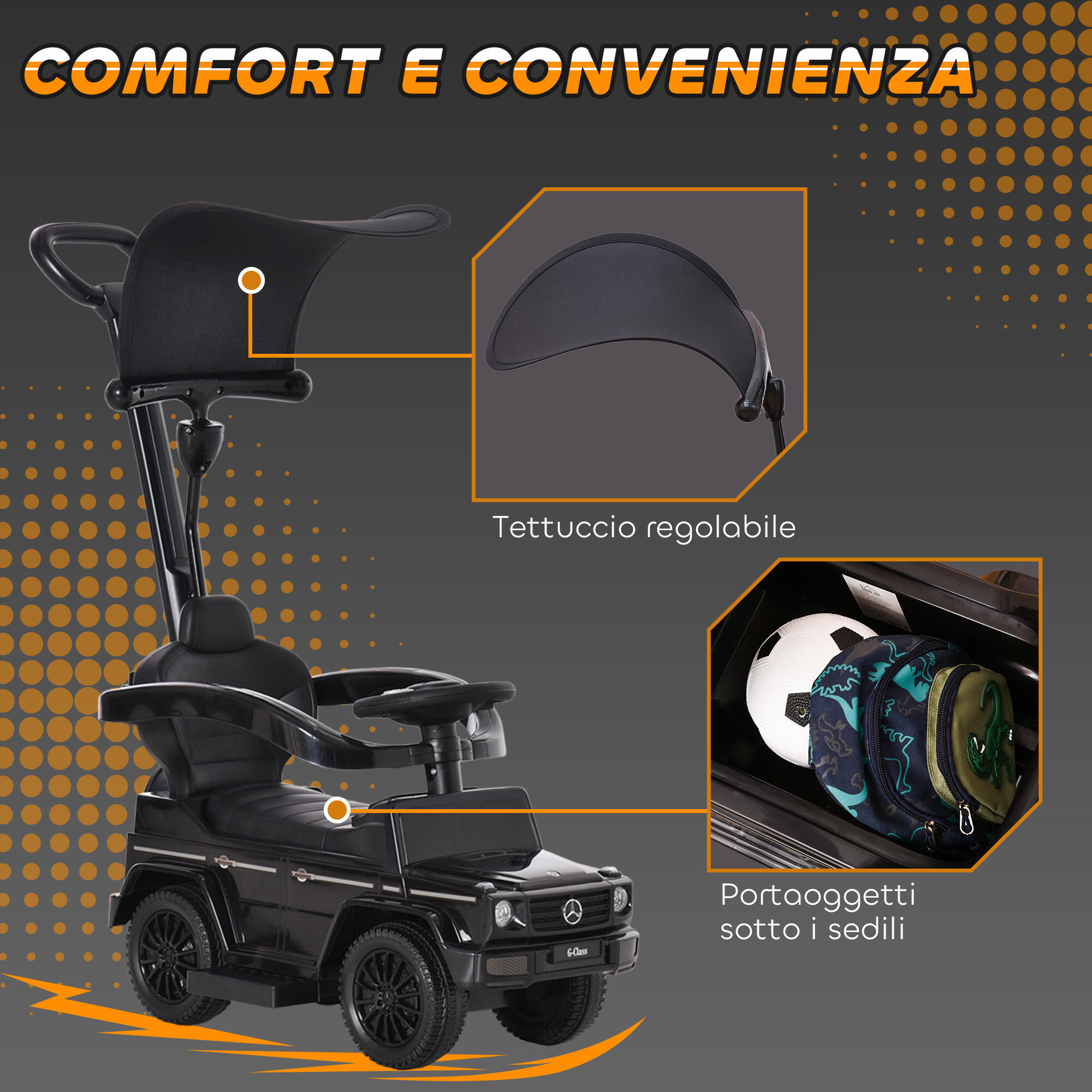 HOMCOM Macchina a Spinta per Bambini con Maniglia e Tettuccio Nero 6/8