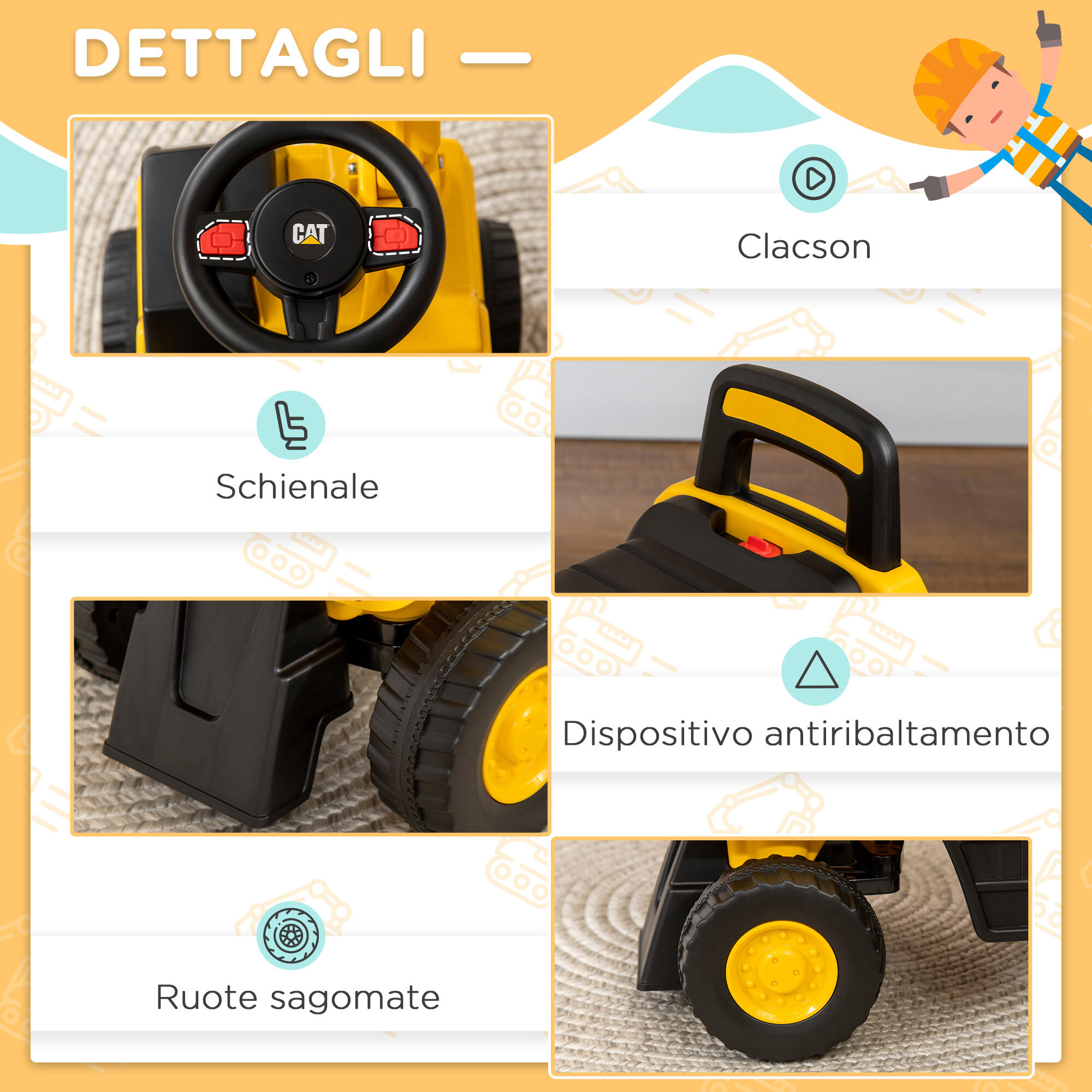 HOMCOM Ruspa Giocattolo Età 1-3 Anni con Escavatore Manuale Senza Batteria 7/8