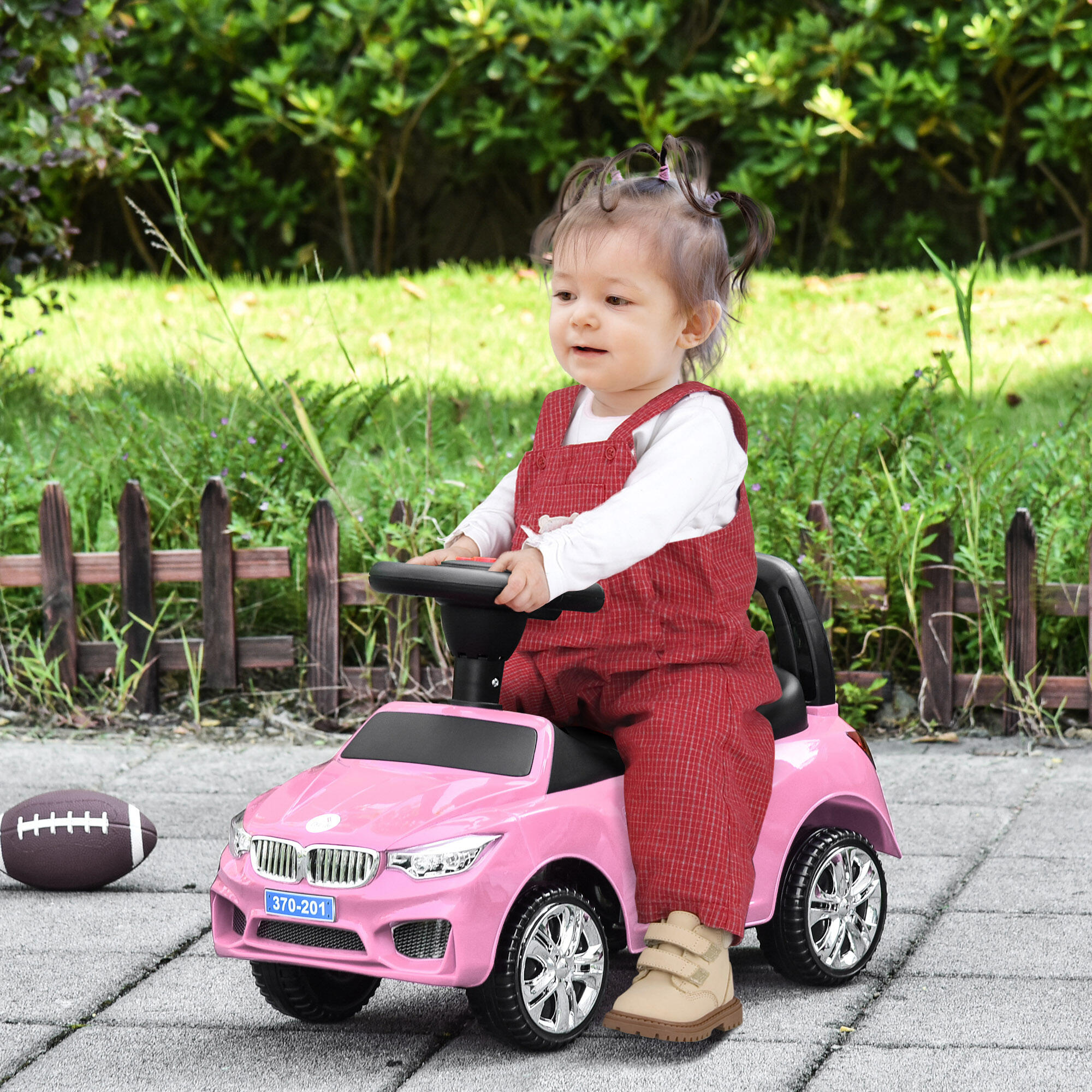 HOMCOM Macchinina per Bambini Cavalcabile Volante Fari e Musiche Integrate Rosa 2/7