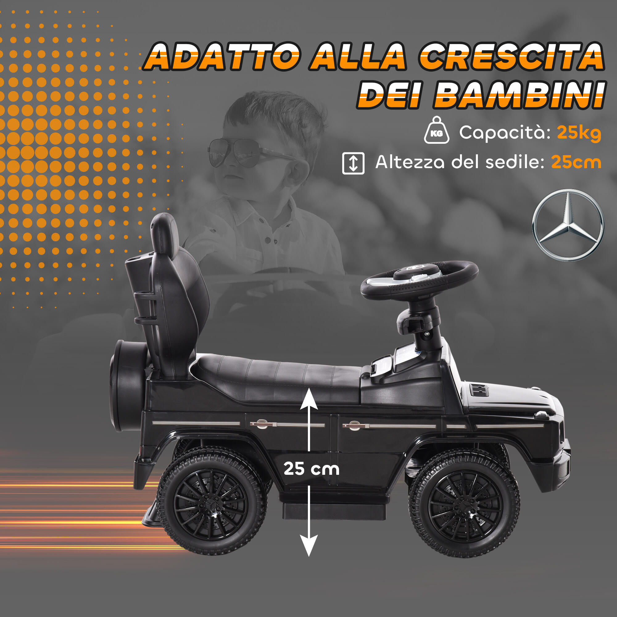 HOMCOM Macchina a Spinta per Bambini con Maniglia e Tettuccio Nero 7/8