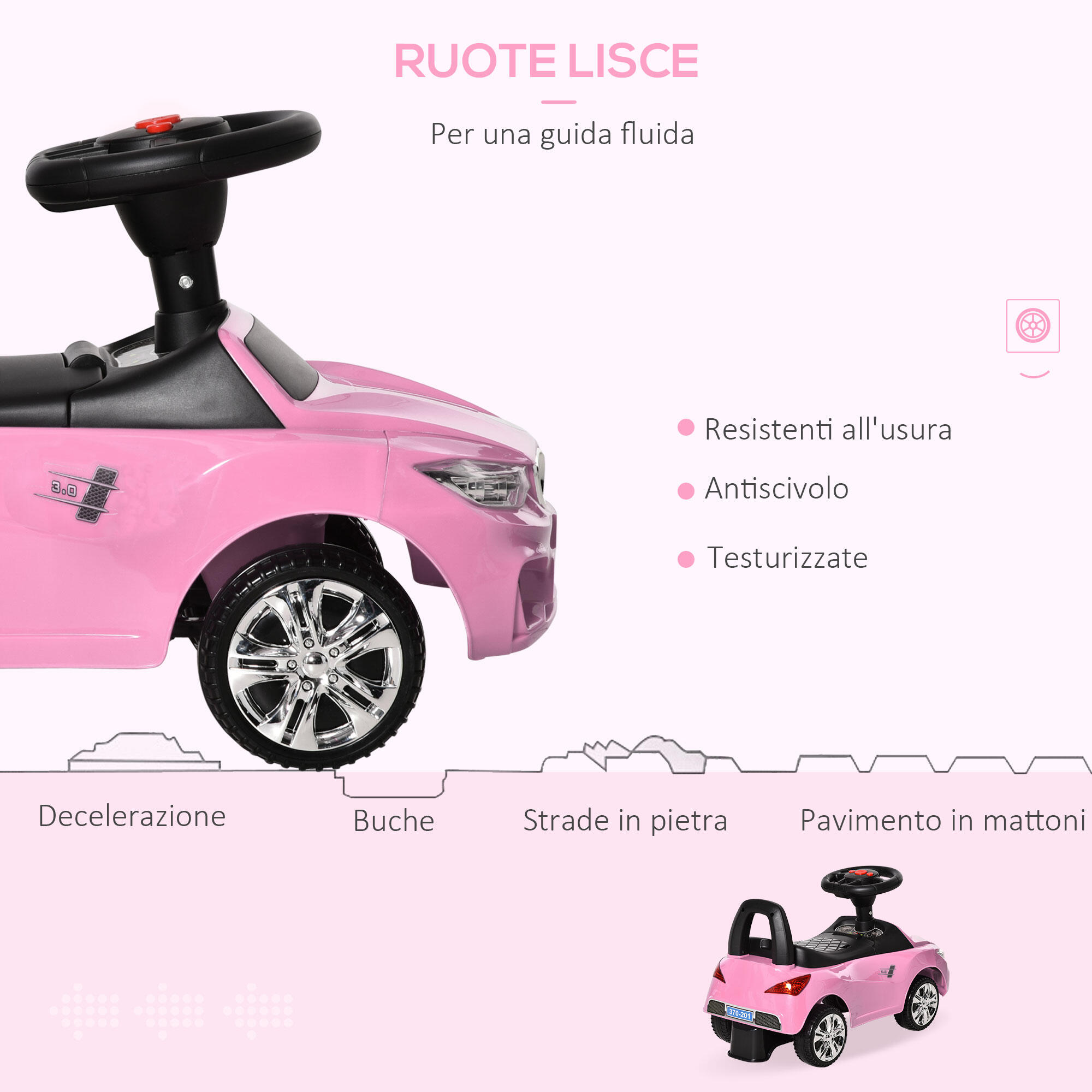 HOMCOM Macchinina per Bambini Cavalcabile Volante Fari e Musiche Integrate Rosa 6/7