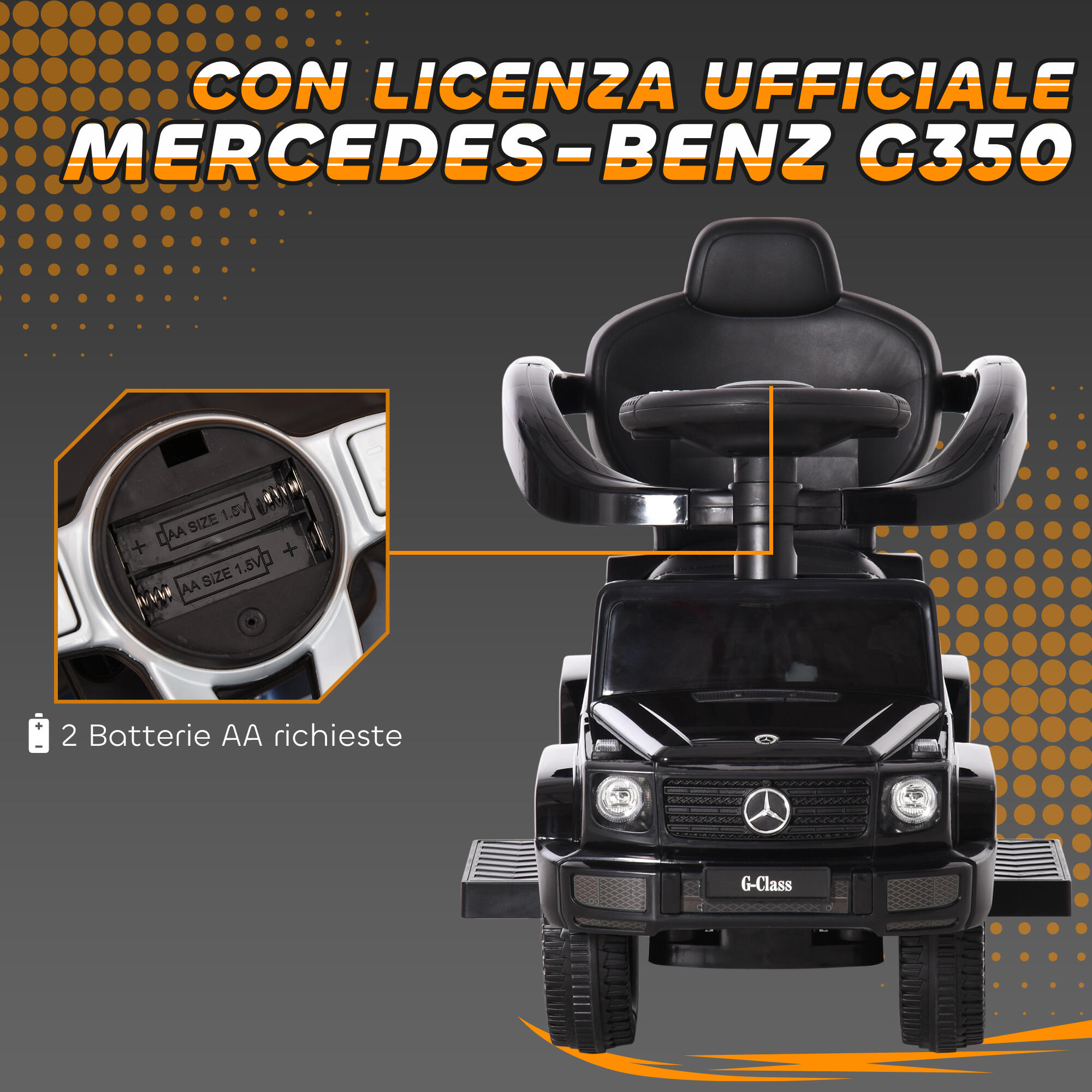 HOMCOM Macchina a Spinta per Bambini con Maniglia e Tettuccio Nero 5/8