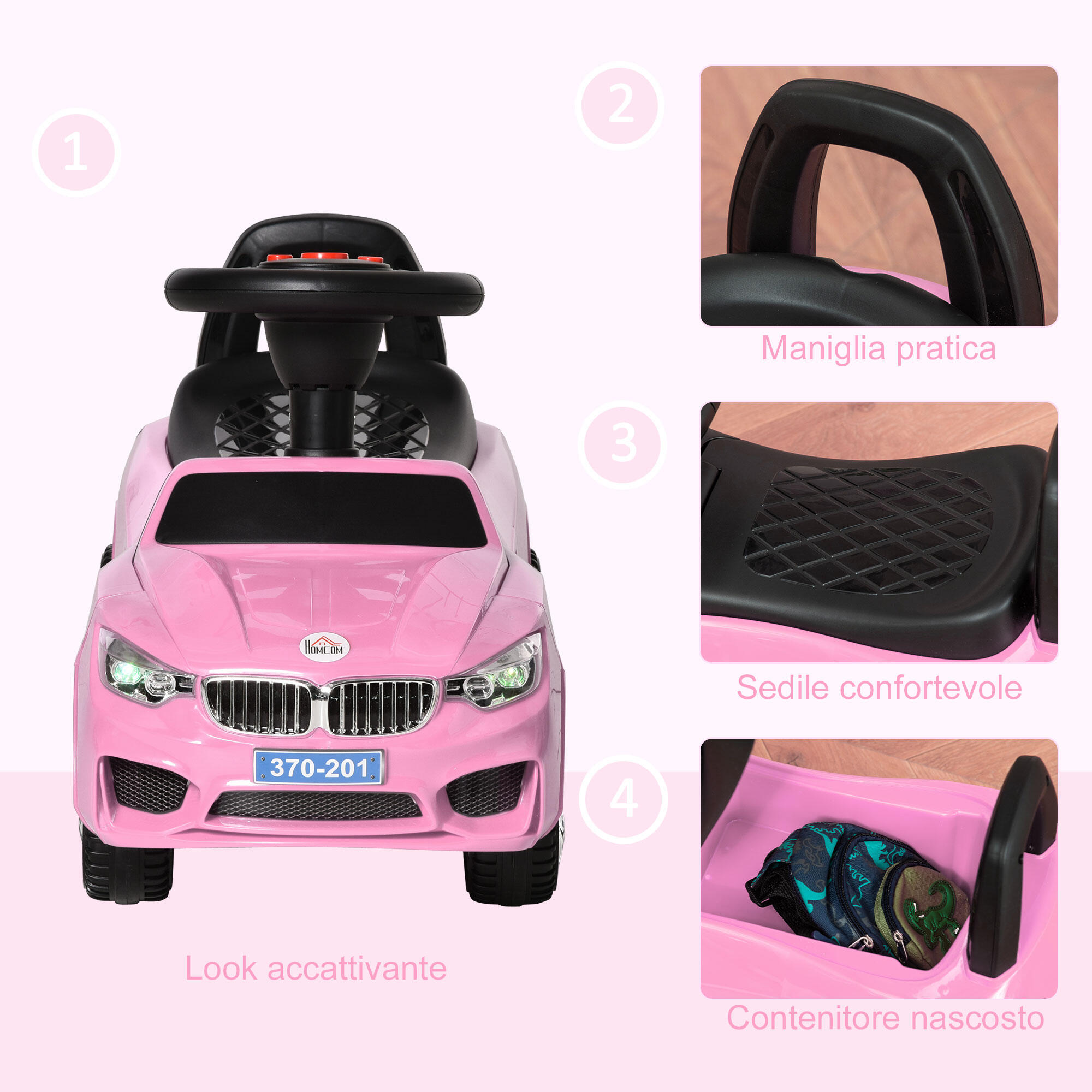 HOMCOM Macchinina per Bambini Cavalcabile Volante Fari e Musiche Integrate Rosa 7/7