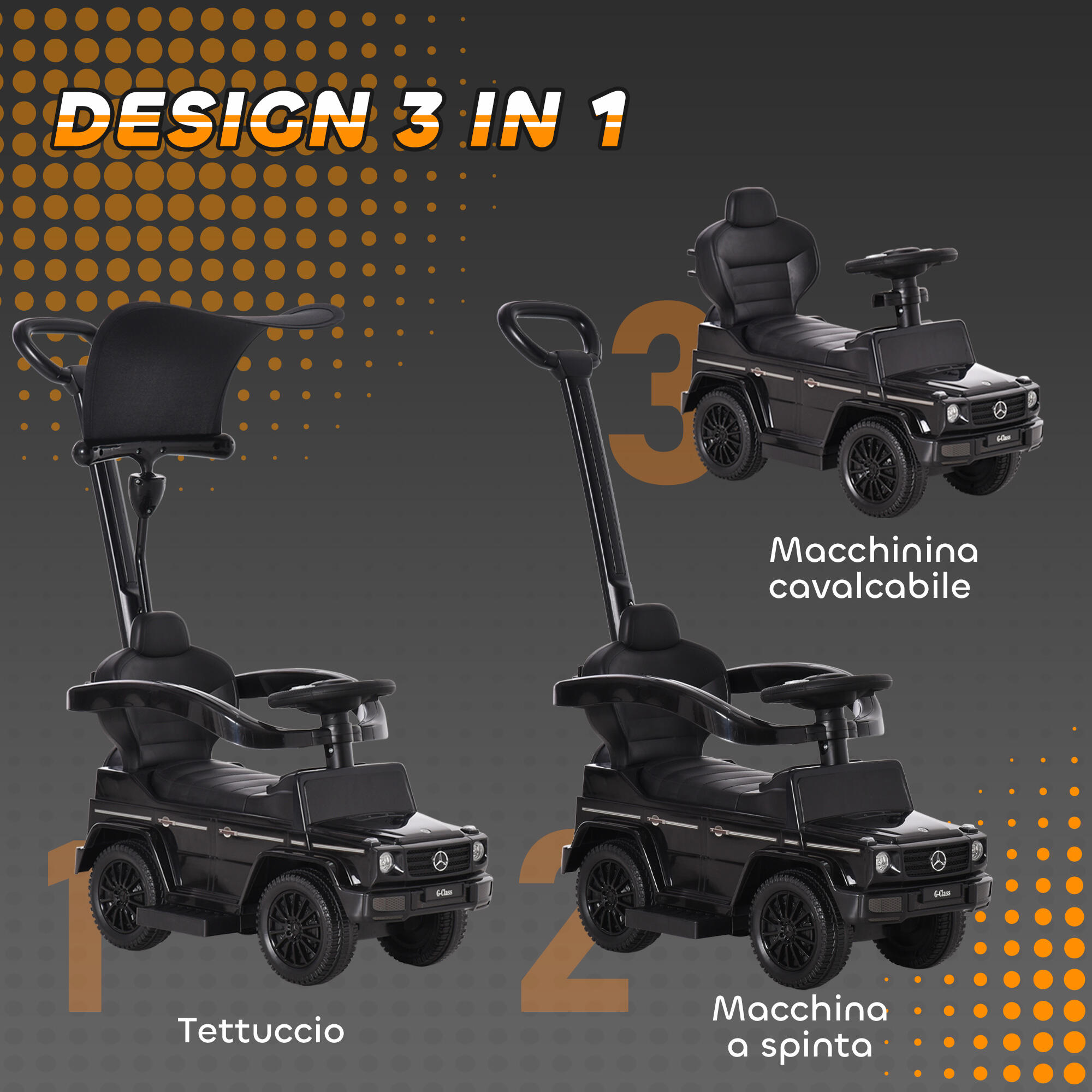 HOMCOM Macchina a Spinta per Bambini con Maniglia e Tettuccio Nero 4/8