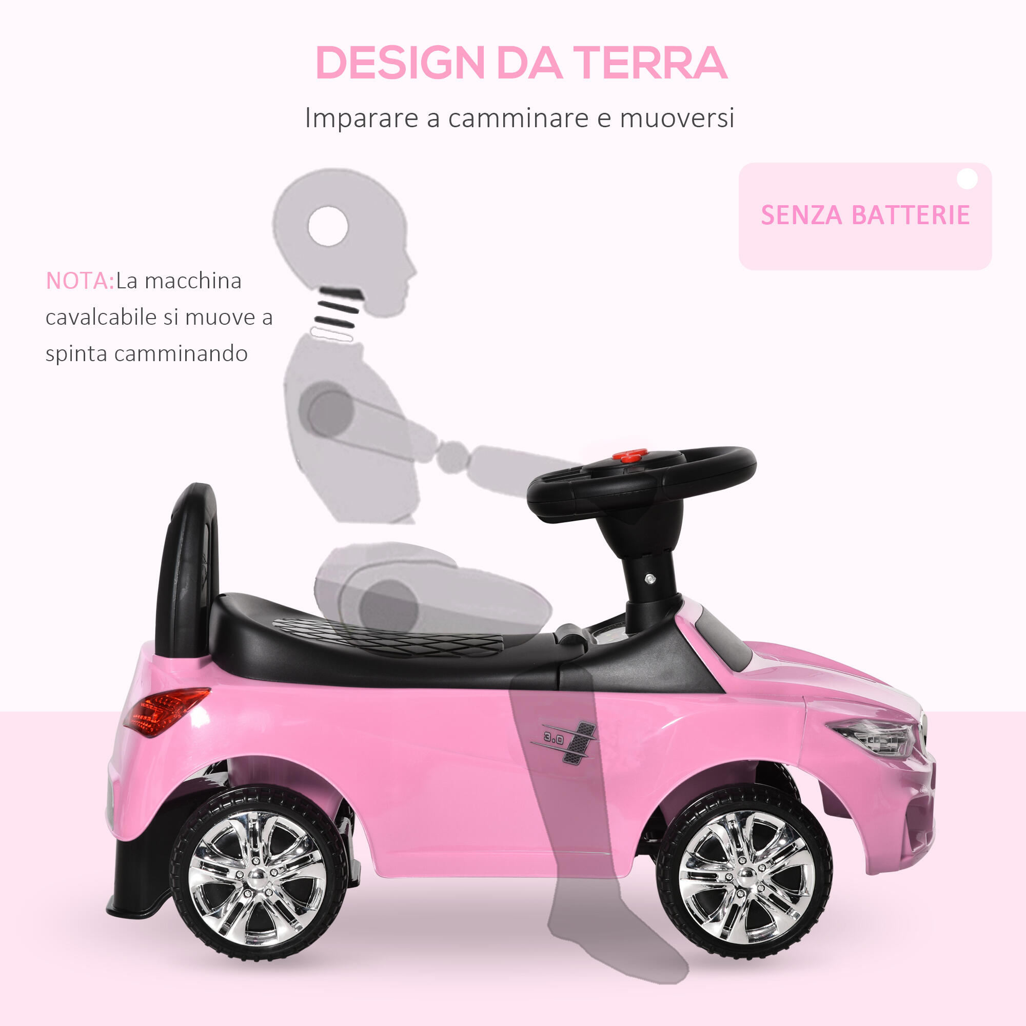 HOMCOM Macchinina per Bambini Cavalcabile Volante Fari e Musiche Integrate Rosa 5/7