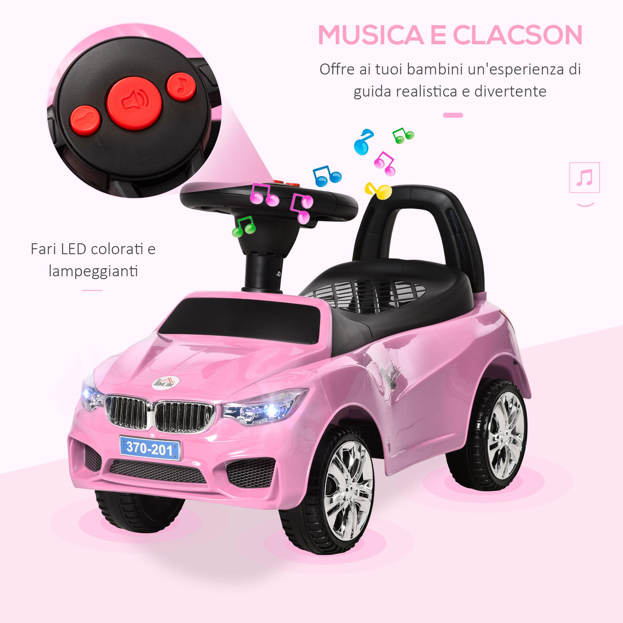 HOMCOM Macchinina per Bambini Cavalcabile Volante Fari e Musiche Integrate Rosa 4/7