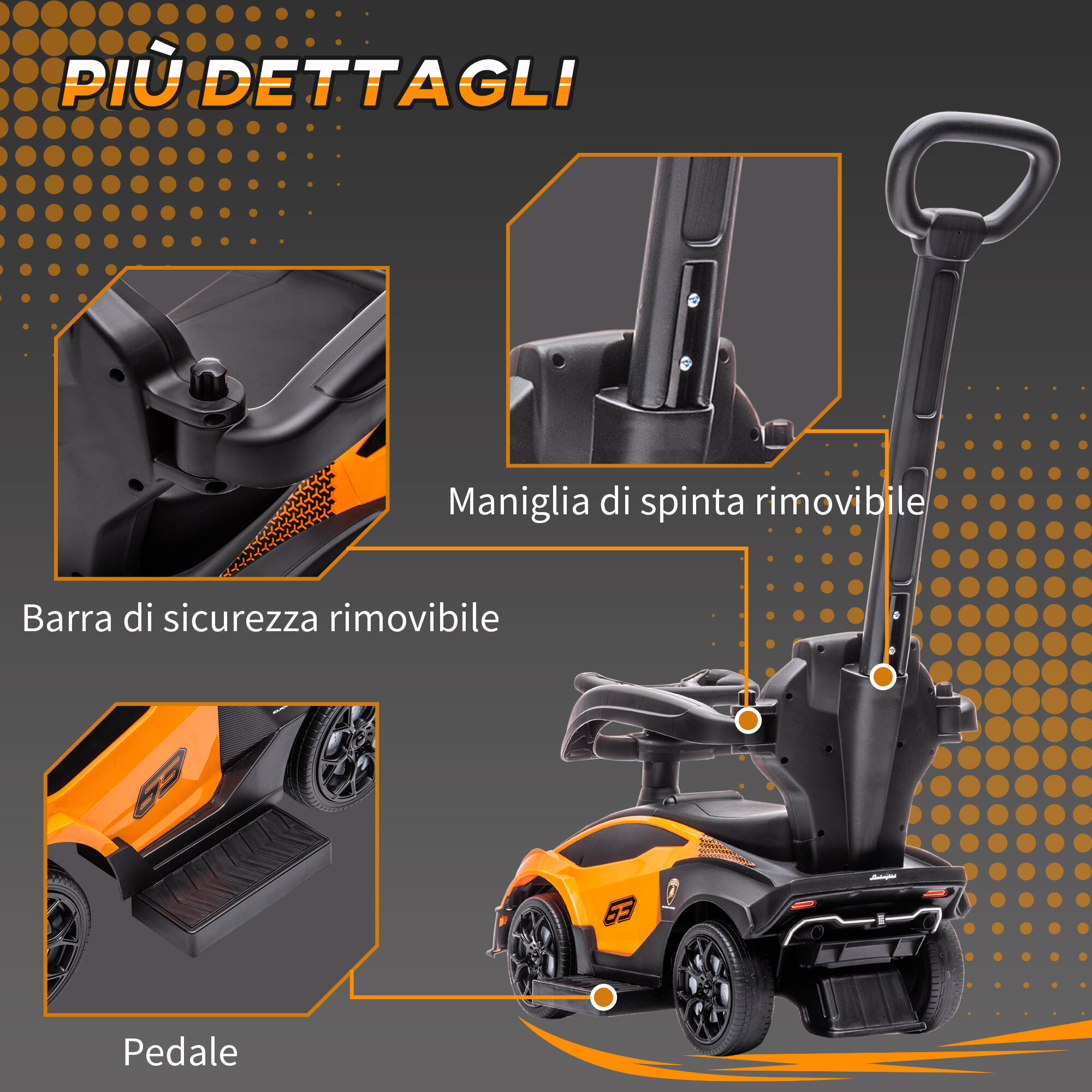AIYAPLAY Macchina per Bambini con Maniglione e Barriera di Sicurezza Arancione 7/7