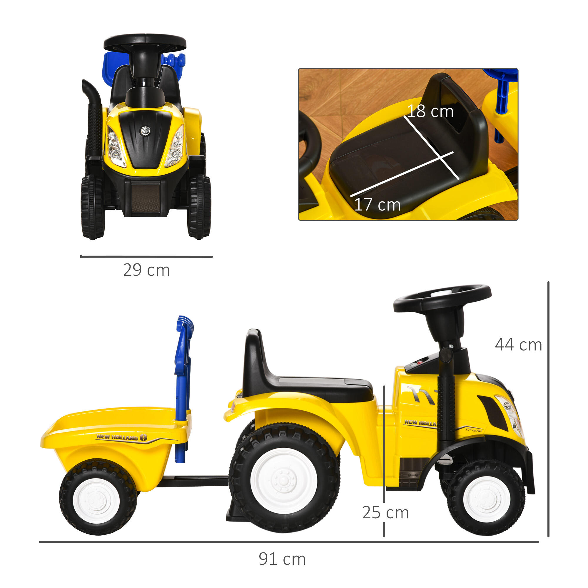 HOMCOM Trattore per Bambini Cavalcabile con Rimorchio Età 12-36 Mesi Giallo 3/8