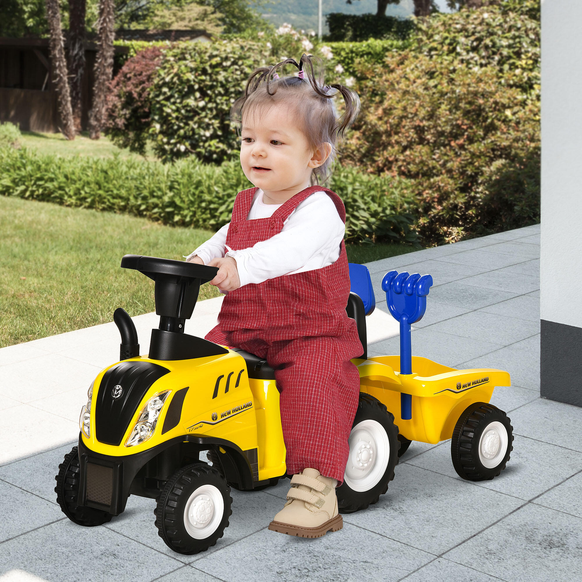 HOMCOM Trattore per Bambini Cavalcabile con Rimorchio Età 12-36 Mesi Giallo 2/8