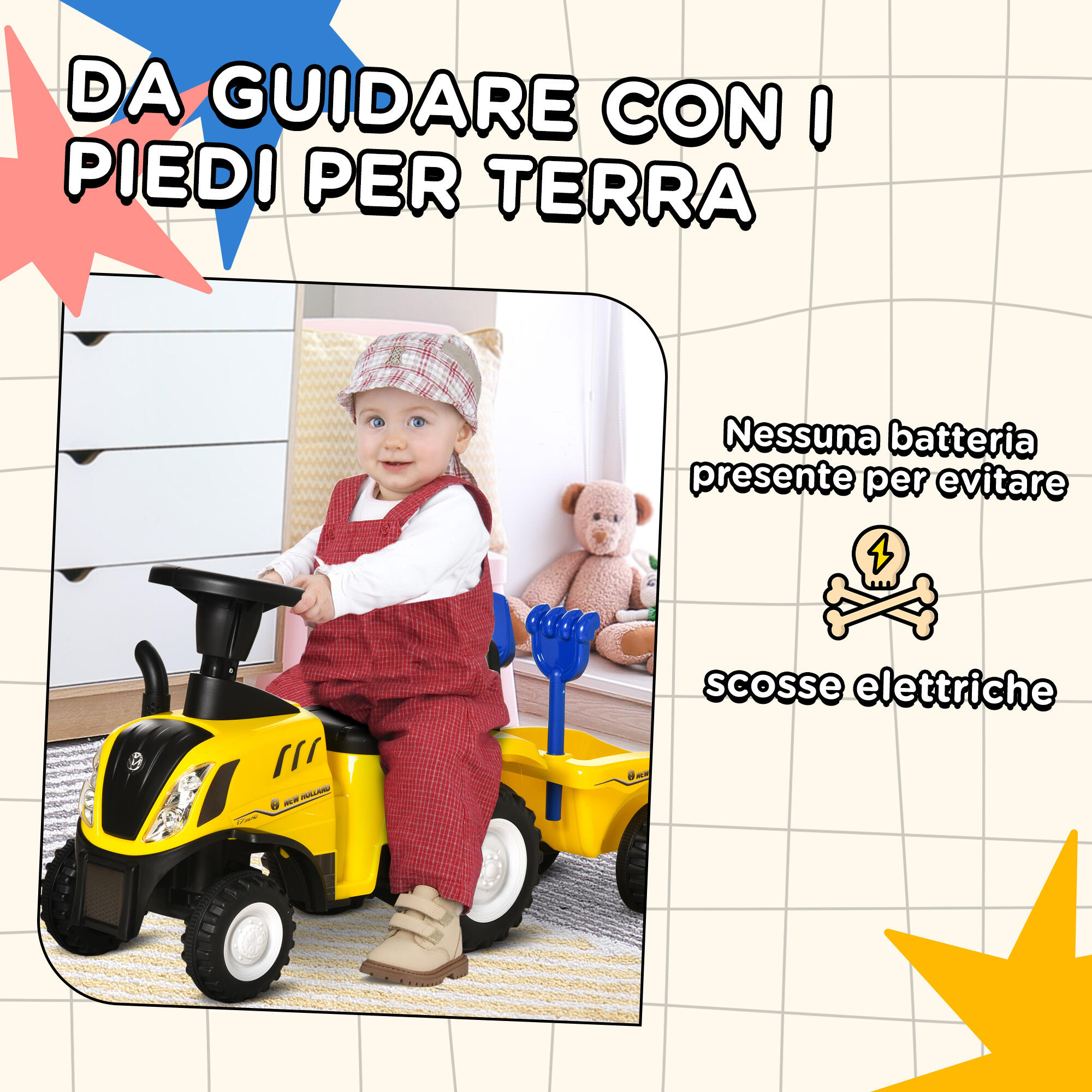 HOMCOM Trattore per Bambini Cavalcabile con Rimorchio Età 12-36 Mesi Giallo 7/8