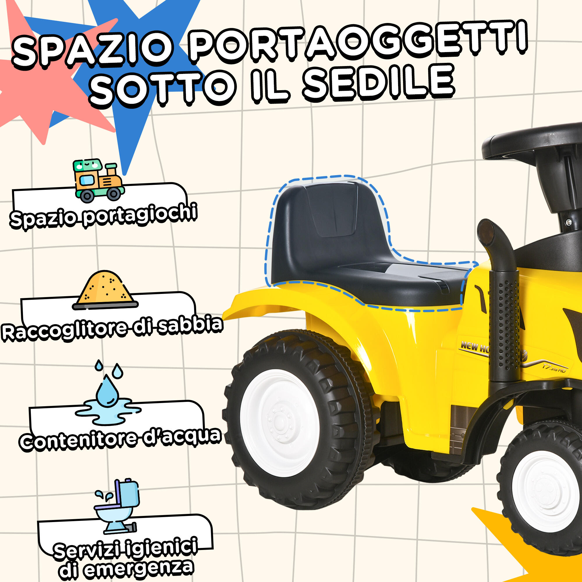 HOMCOM Trattore per Bambini Cavalcabile con Rimorchio Età 12-36 Mesi Giallo 5/8
