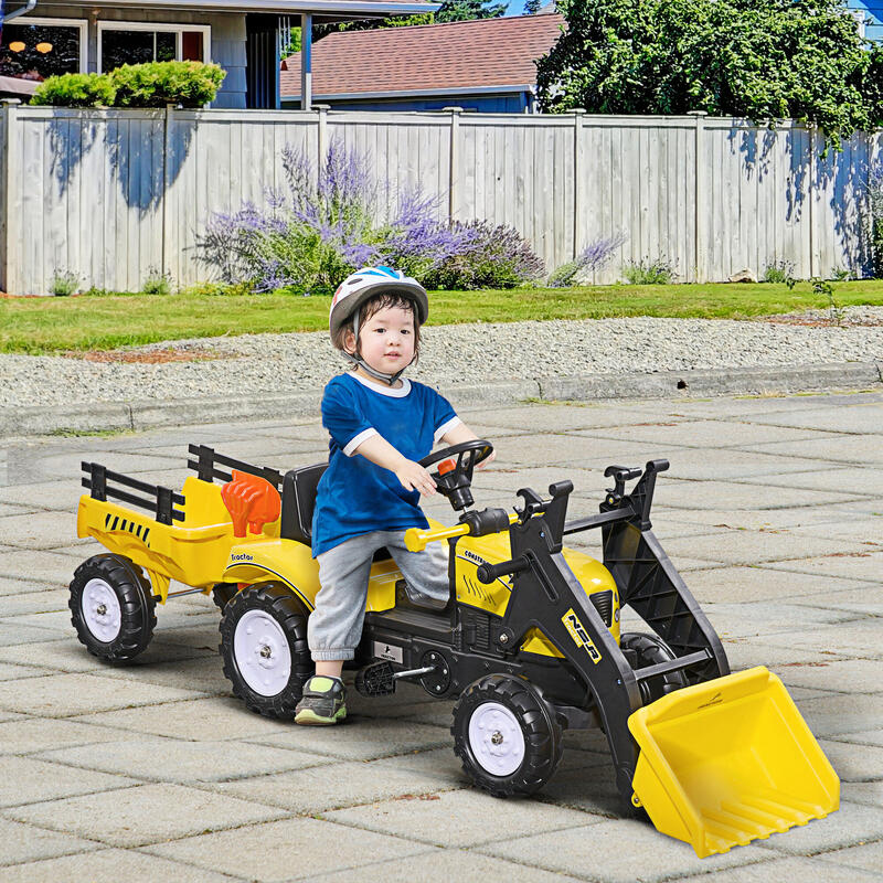 Homcom Excavator Copii Cu Pedale – Cupa Frontala & Remorca Galbena