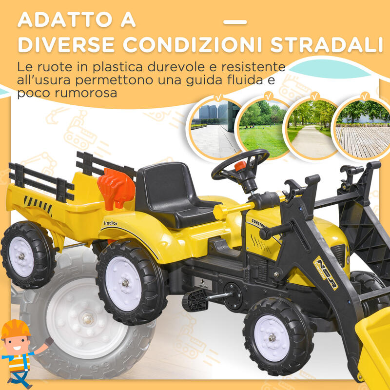 Homcom Excavator Copii Cu Pedale – Cupa Frontala & Remorca Galbena