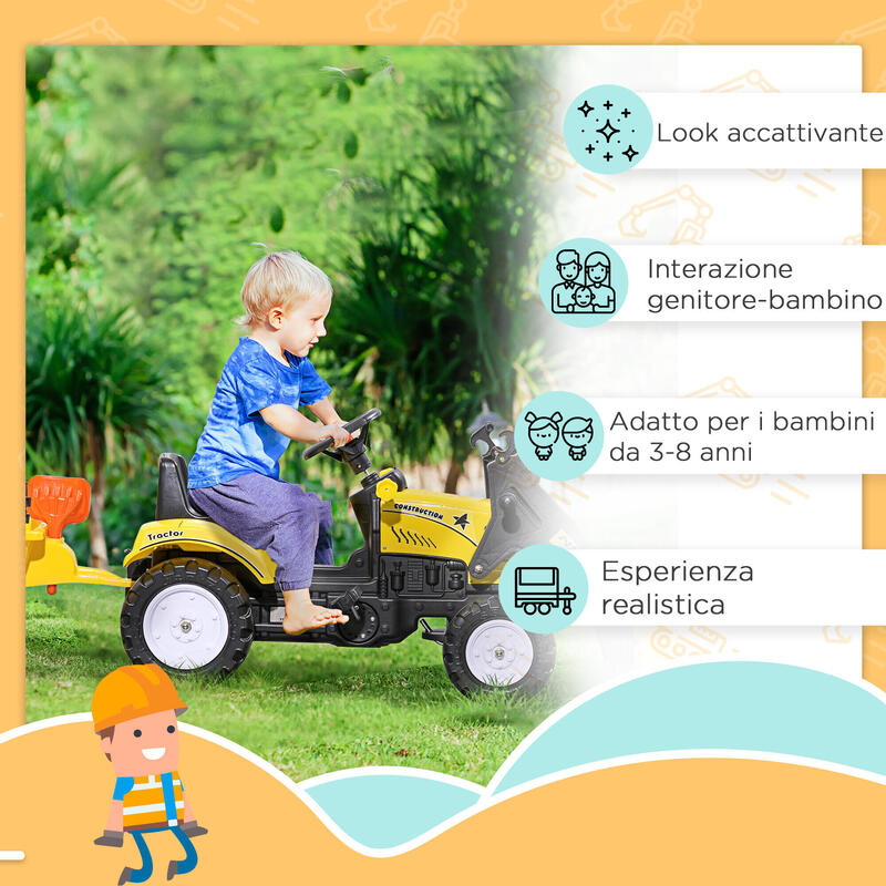 Homcom Excavator Copii Cu Pedale – Cupa Frontala & Remorca Galbena