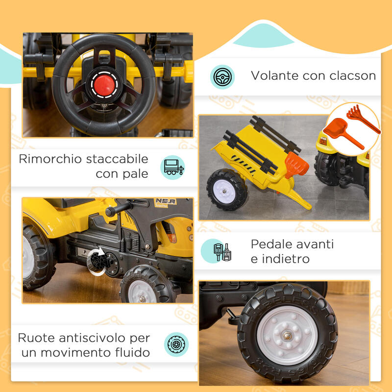 Homcom Excavator Copii Cu Pedale – Cupa Frontala & Remorca Galbena
