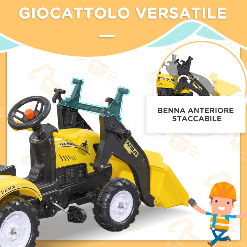 Homcom Excavator Copii Cu Pedale – Cupa Frontala & Remorca Galbena