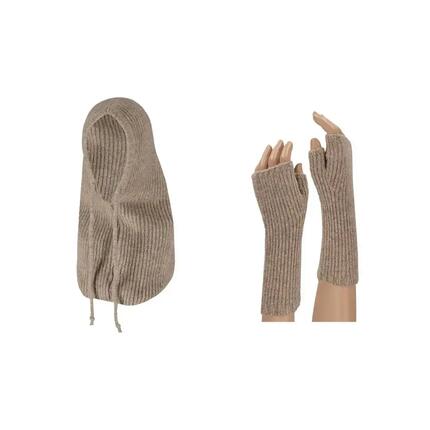 Damen-Sturmhaube und fingerlose Handschuhe, modisch in Kamel.