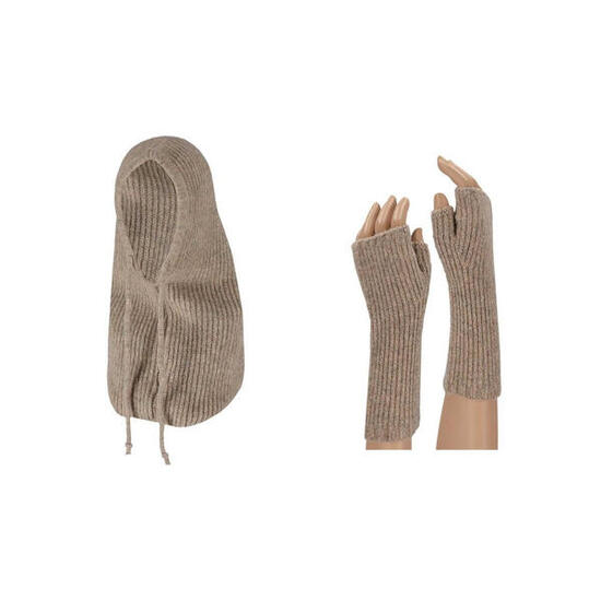 Damen-Sturmhaube und fingerlose Handschuhe, modisch in Kamel.