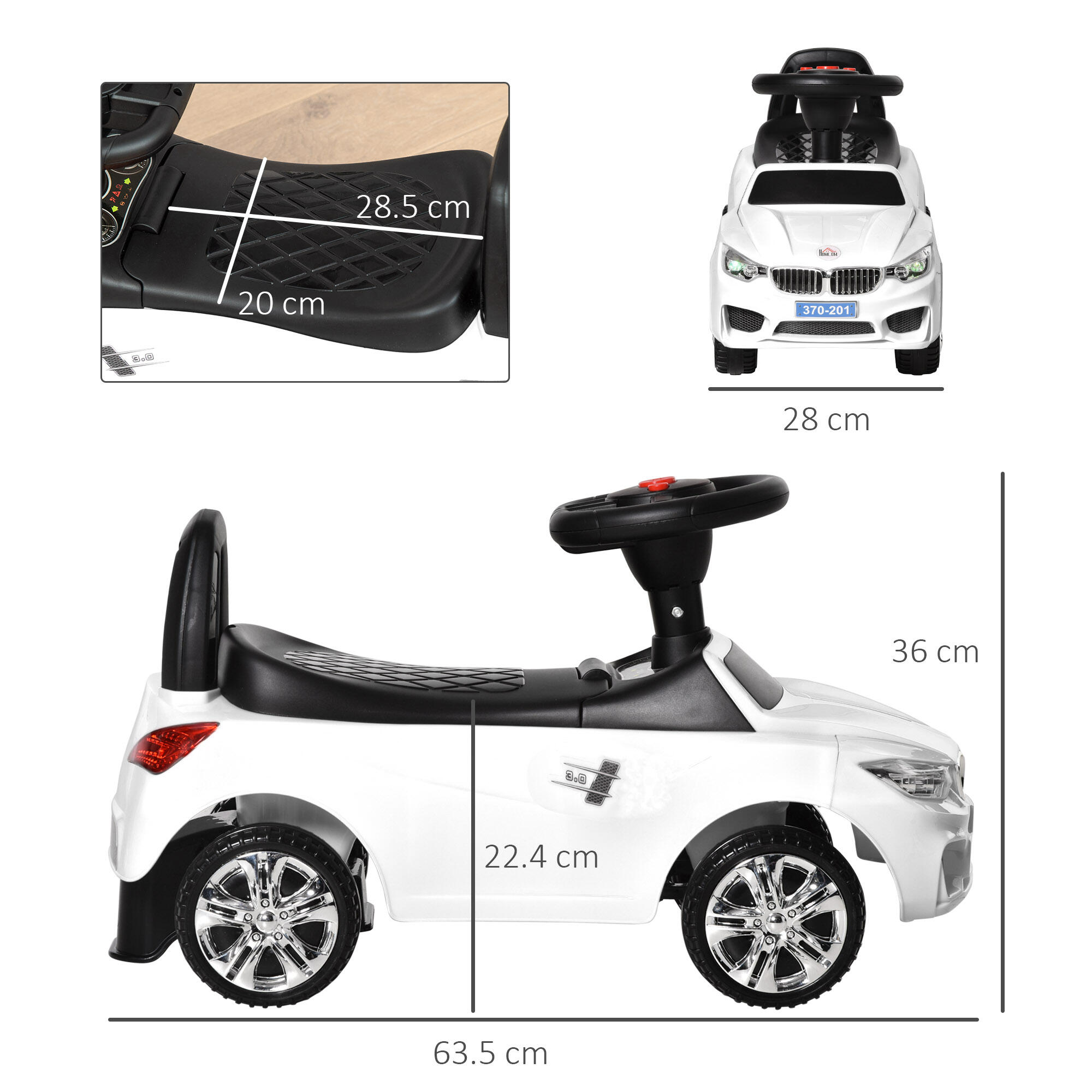 HOMCOM Macchinina per Bambini Cavalcabile Volante Fari e Musiche Bianco 3/7