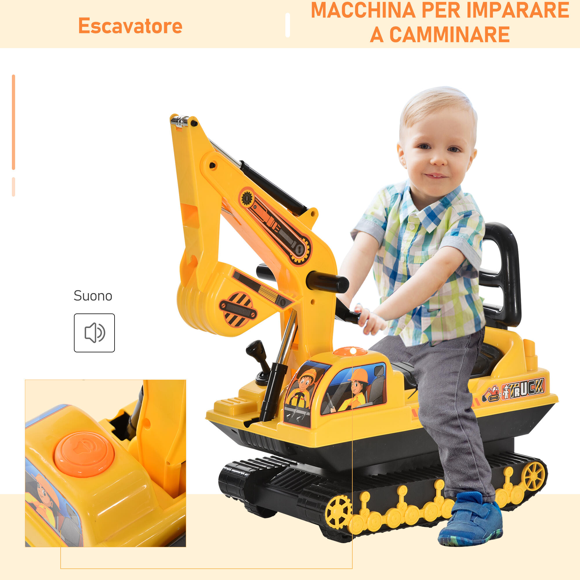 HOMCOM Escavatore Giocattolo Cavalcabile per Bambini con Schienale e Braccio 4/8
