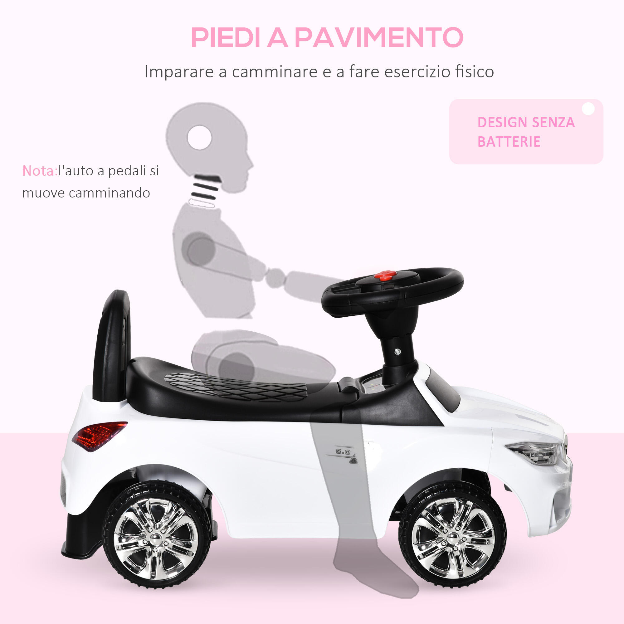 HOMCOM Macchinina per Bambini Cavalcabile Volante Fari e Musiche Bianco 6/7