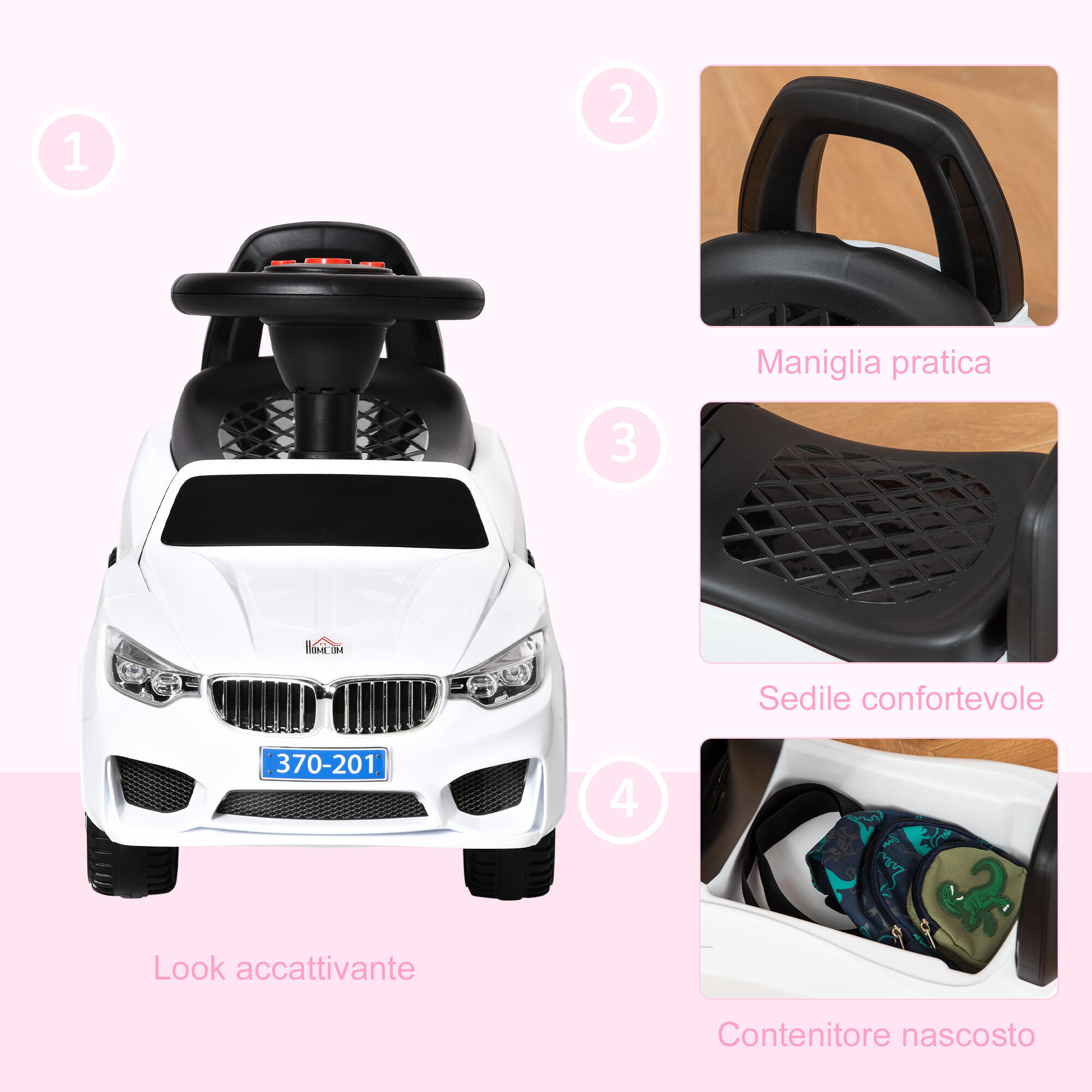 HOMCOM Macchinina per Bambini Cavalcabile Volante Fari e Musiche Bianco 7/7