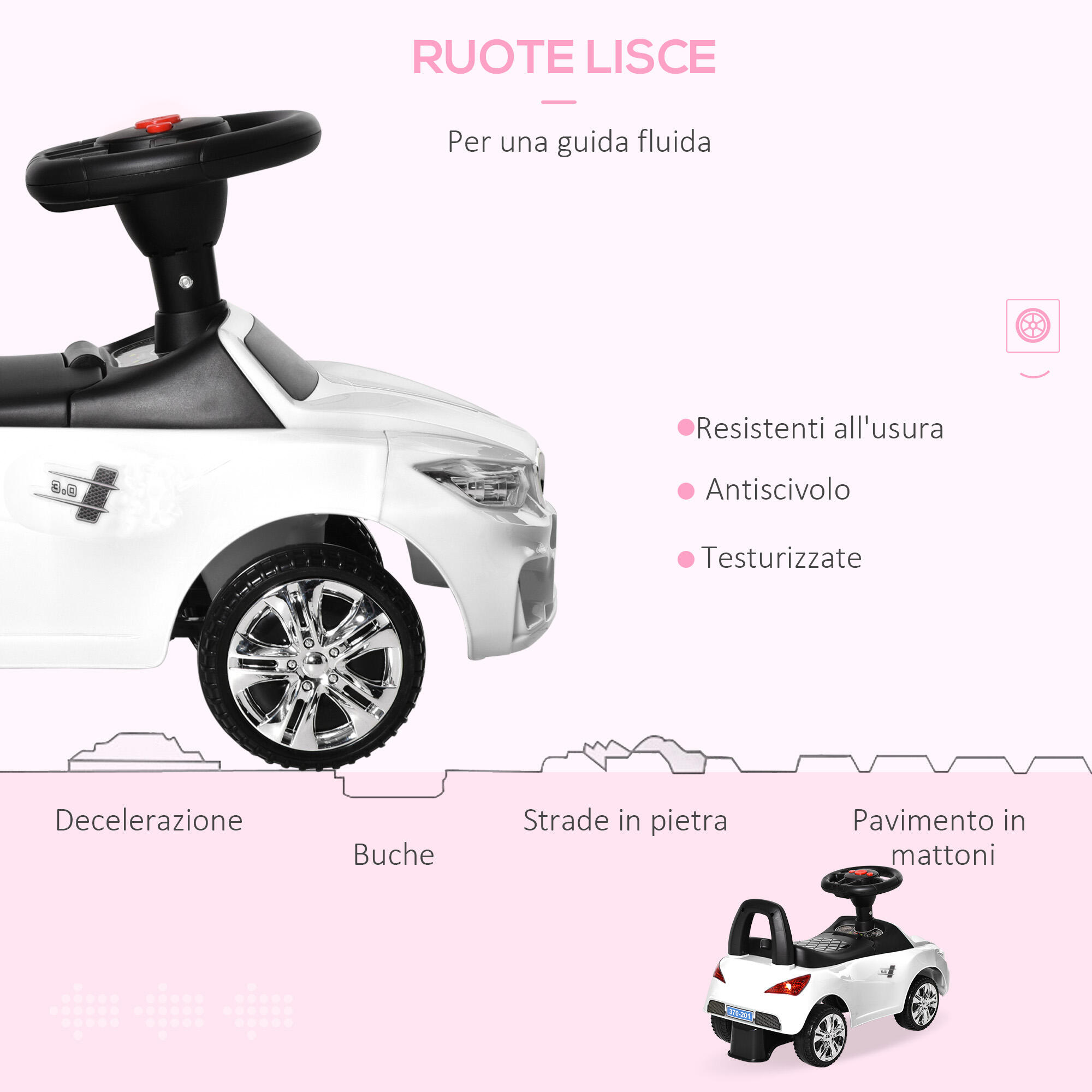 HOMCOM Macchinina per Bambini Cavalcabile Volante Fari e Musiche Bianco 5/7