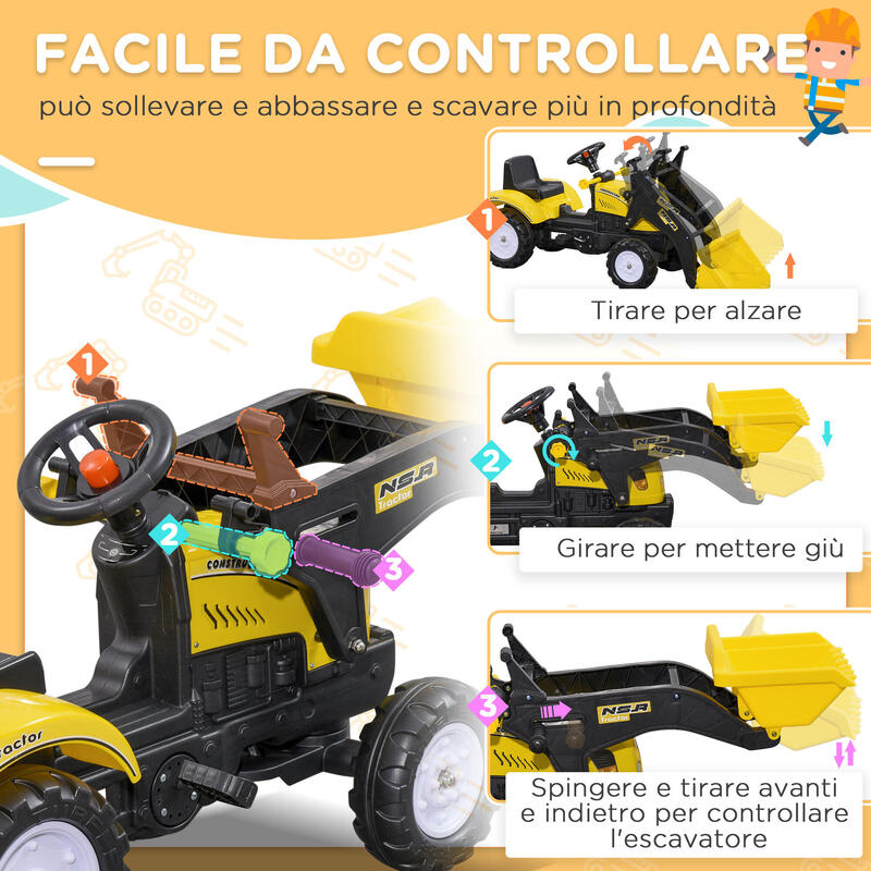 Homcom Excavator Copii 3 Ani – Cu Pedale, Cupa & Volan Functional